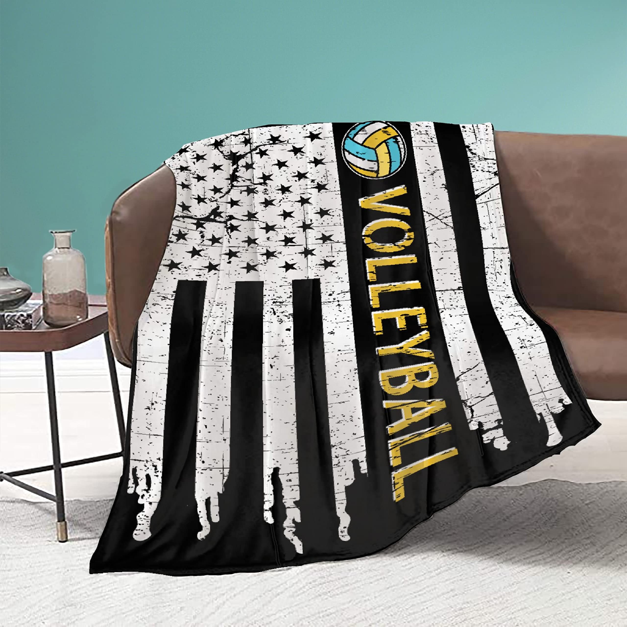 Soft Flannel American Flag Volleyball Throw Blanket - Cozy Lightweight Extra Large 120