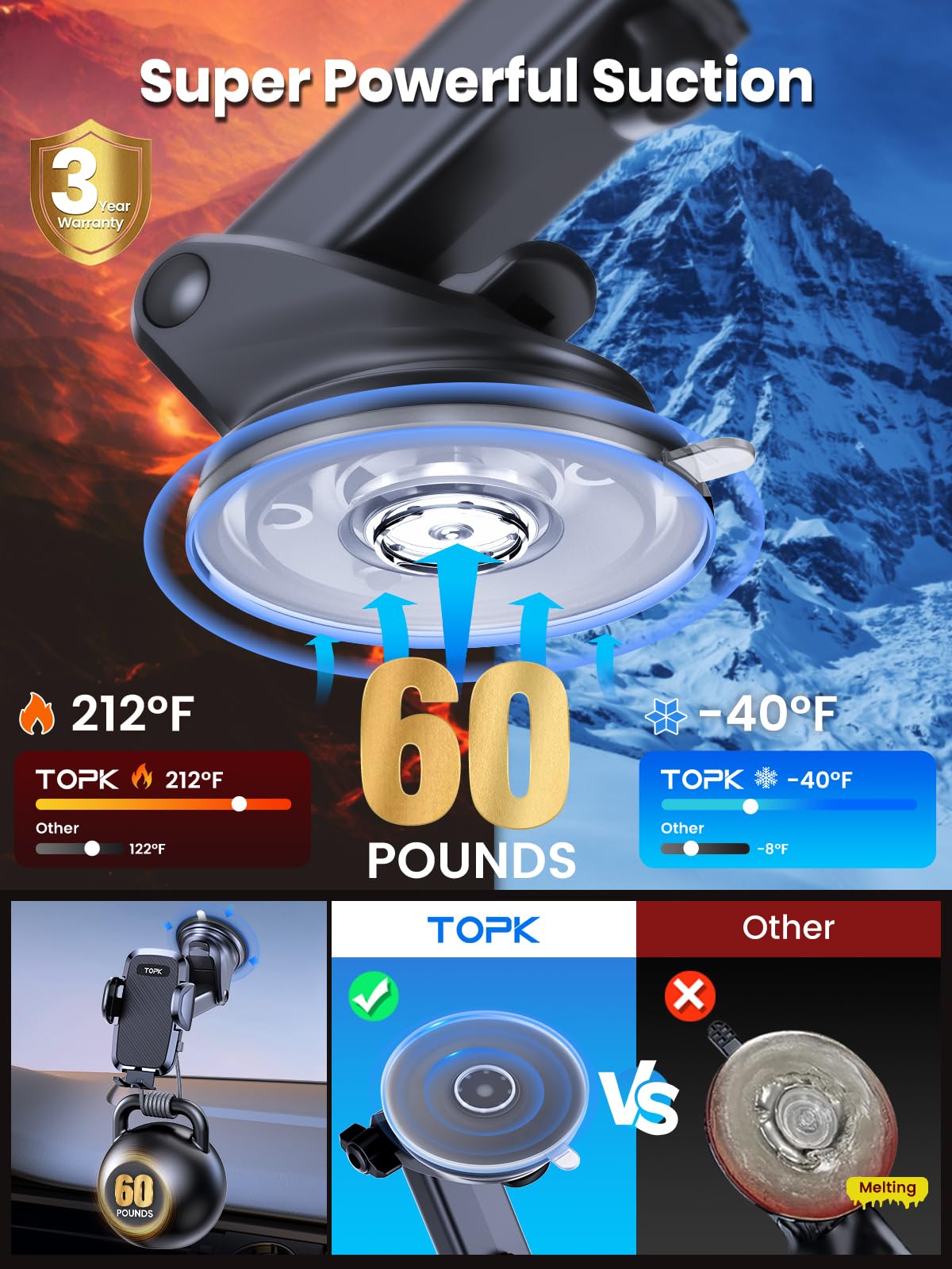 TOPK 360° Adjustable Car Phone Mount - Strong Suction Cup Dashboard & Windshield Phone Holder for iPhone, Samsung, Pixel (4.7-6.8 Inch) - Perfect for GPS Navigation, Hands-Free Calling & Road Trips