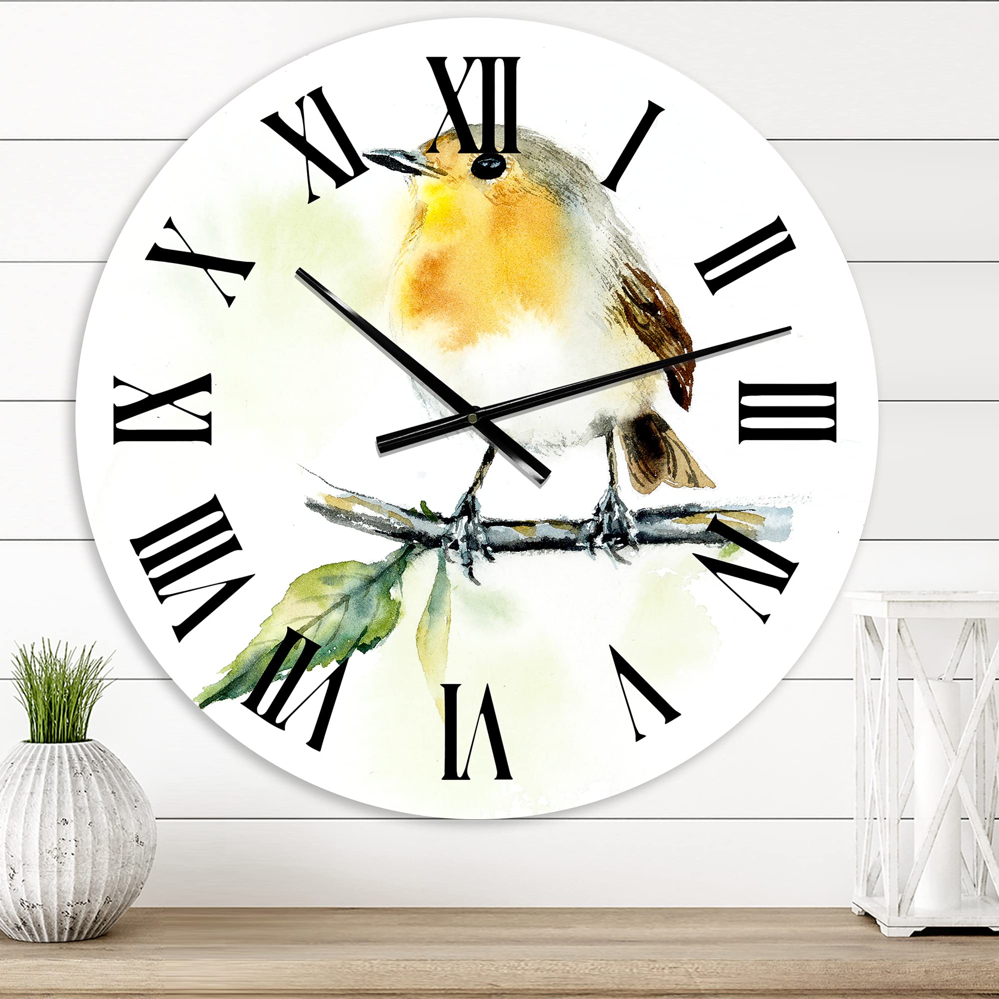 DesignQ Traditional Wall Clock 'Little Robin Bird On A Branch' - Large Decorative Clock with Animal Theme for Living Room, Bedroom & Office Decor | Perfect Gift for Home & Housewarming