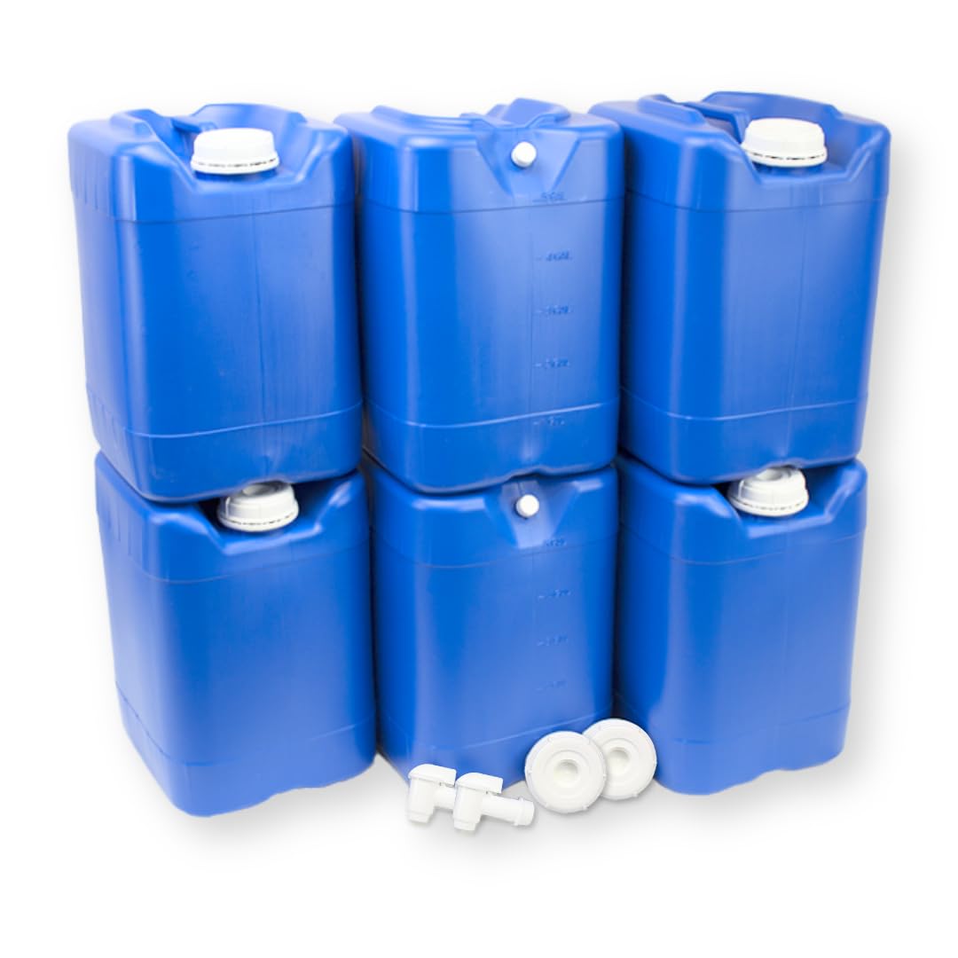 5-Gallon Stackable Water Storage Containers with Lids & Spigots - Emergency Water Supply for Camping, RV, Disaster Preparedness - Easy Fill, Survival Kit Essential - 30 Gallon (6 Tanks Set) - Perfect for Outdoor Adventures and Emergency Preparedness