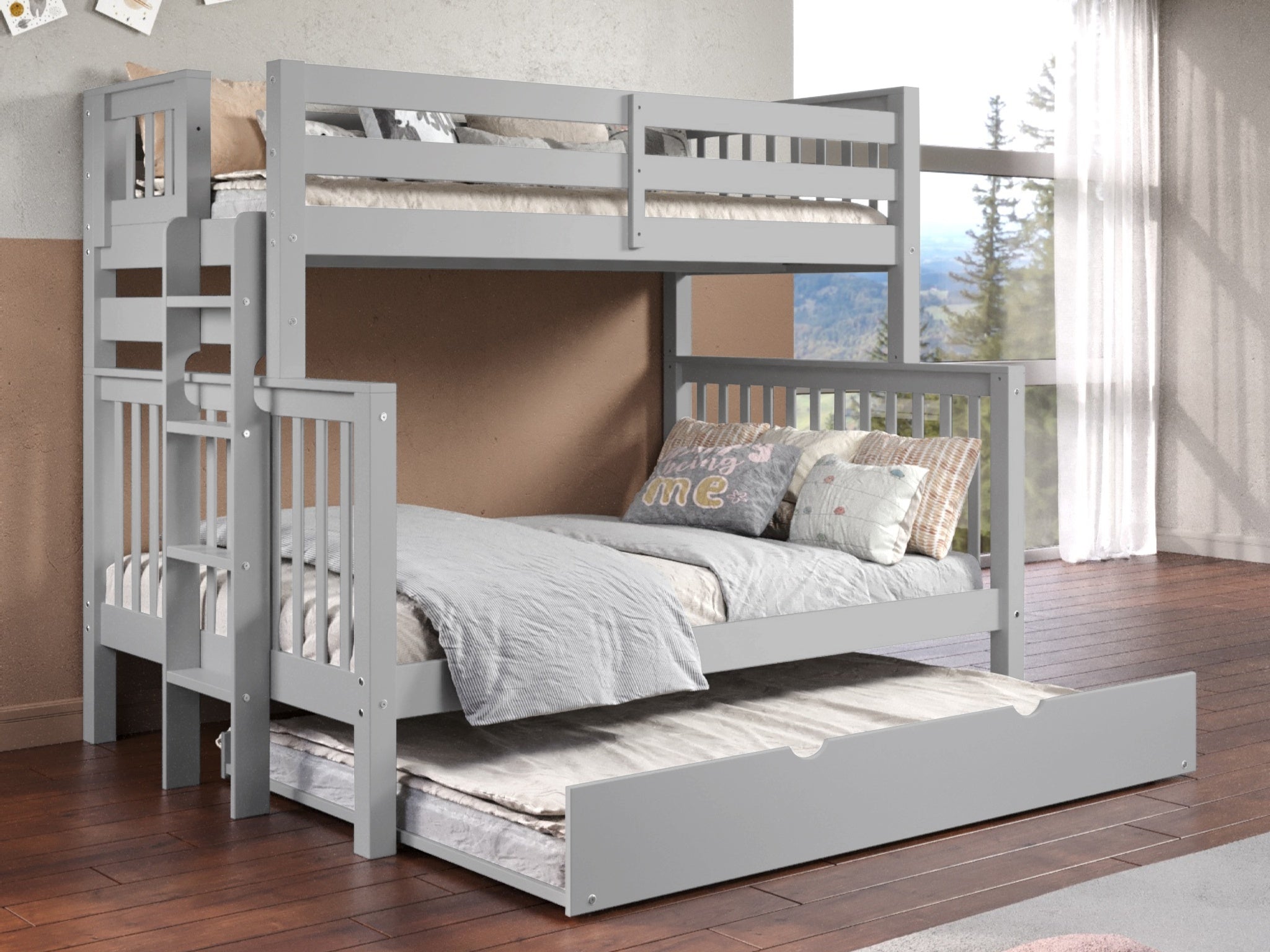 **Twin Over Full Bunk Bed with Full Trundle - Space-Saving Gray Bunk Bed for Kids & Teens - Perfect for Small Bedrooms, Guest Rooms & Dormitories**