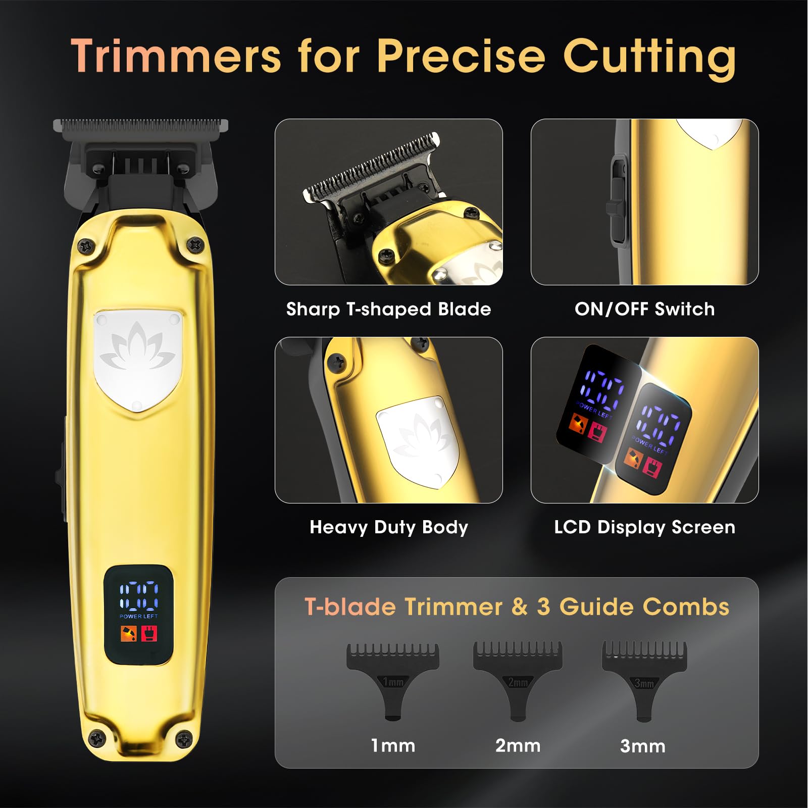 Professional Cordless Hair Clippers for Men - T-Blade Trimmer & Nose Hair Trimmer Electric Shaver Set with LED Display | Barber Grooming Kit for Home & Salon Use | Perfect Gift for Dad, Husband & Men (Gold)