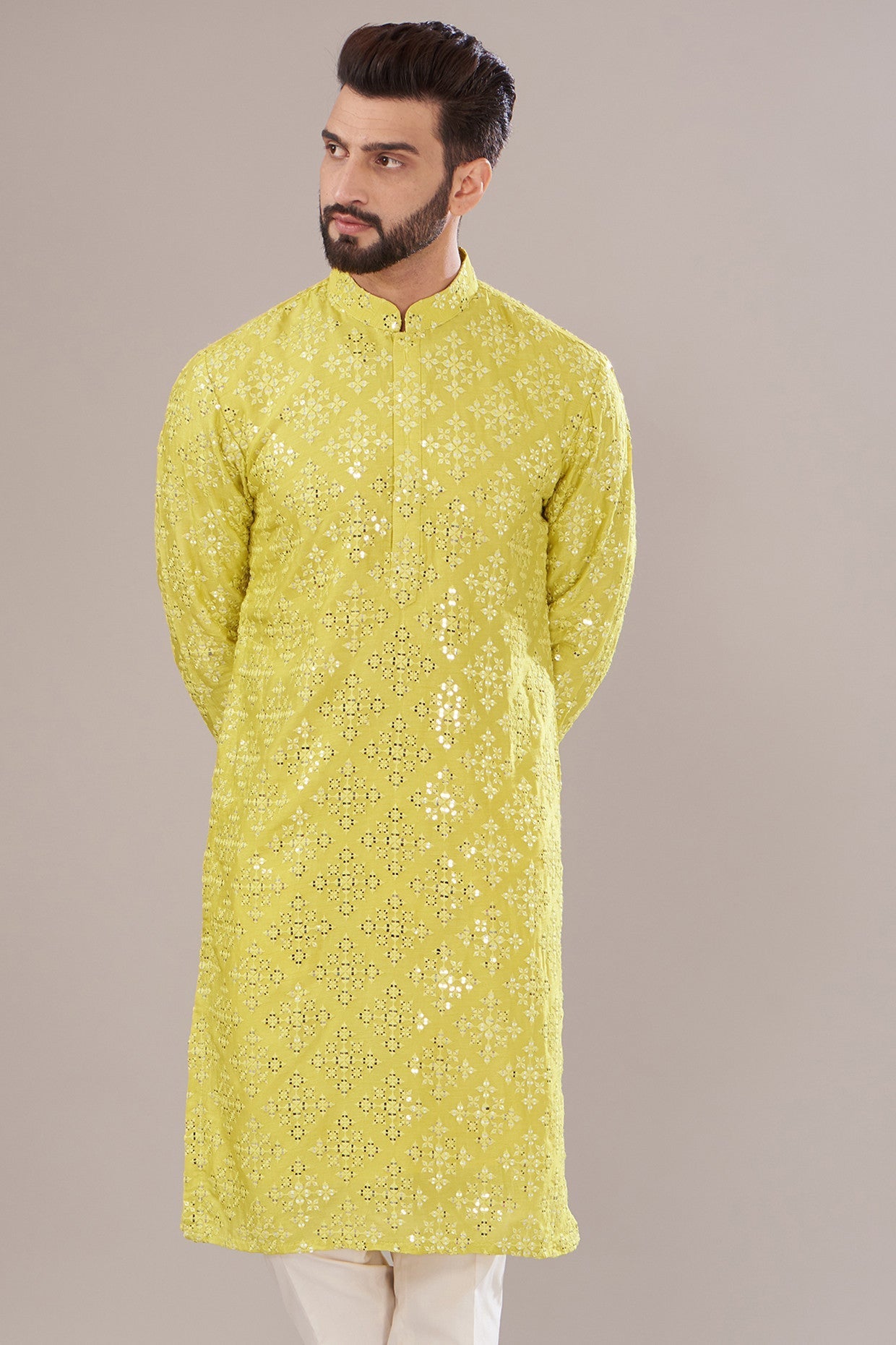 Neon Yellow Silk Embroidered Kurta for Women - Elegant Indian Traditional Dress for Festivals, Weddings & Special Occasions