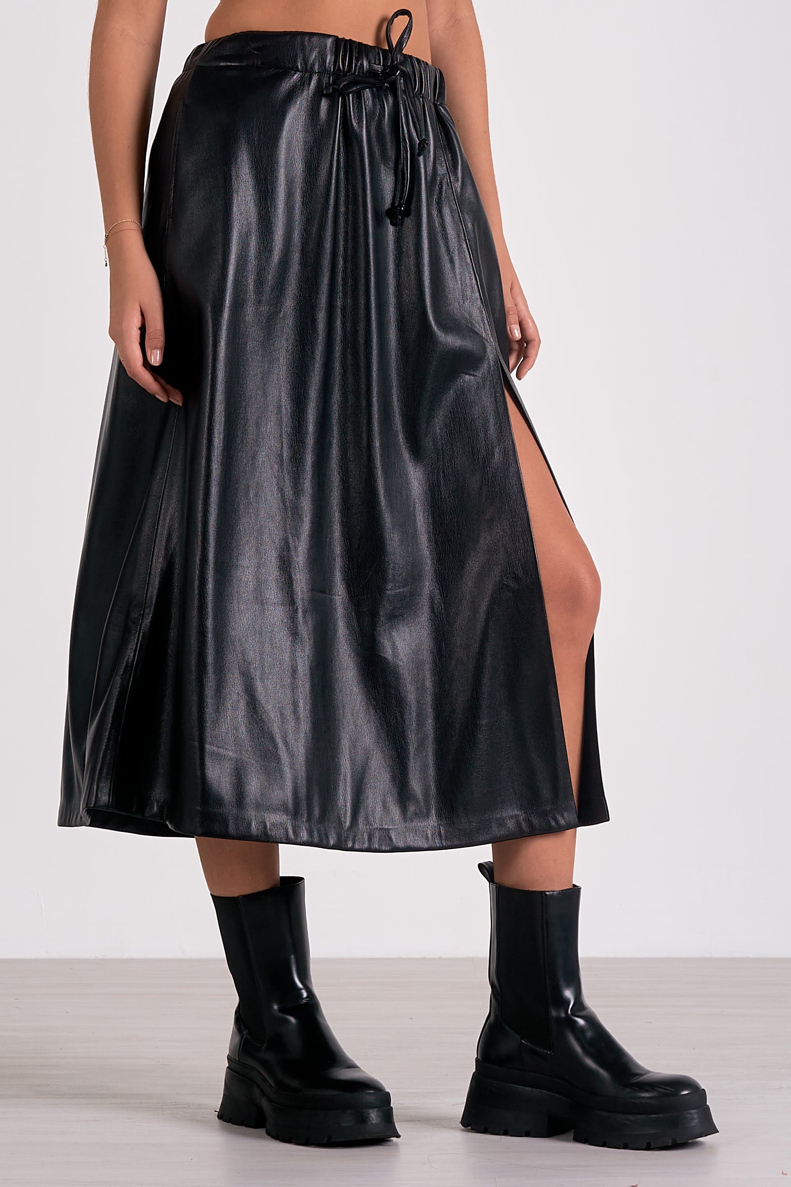 Stylish Black Faux Leather Drawstring Skirt for Women - Trendy High Waist Mini Skirt for Casual Outfits, Night Out, and Party Wear