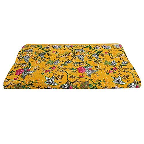 Yellow Bird of Paradise Print Kantha Quilt - Twin Size Bohemian Bedspread, Cotton Throw Blanket & Bed Cover for King Bed | Perfect for Boho Bedroom Decor, Guest Room Accent, or Cozy Living Room Throw