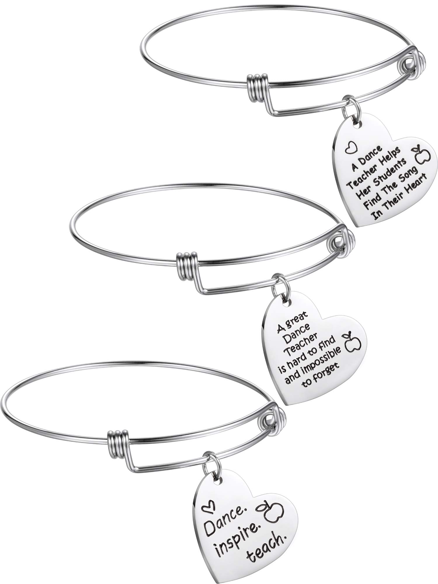 Engraved Dance Teacher Bracelet - 3 Pcs Heart Pendant Gift Set for Women | Christmas & Appreciation Gifts