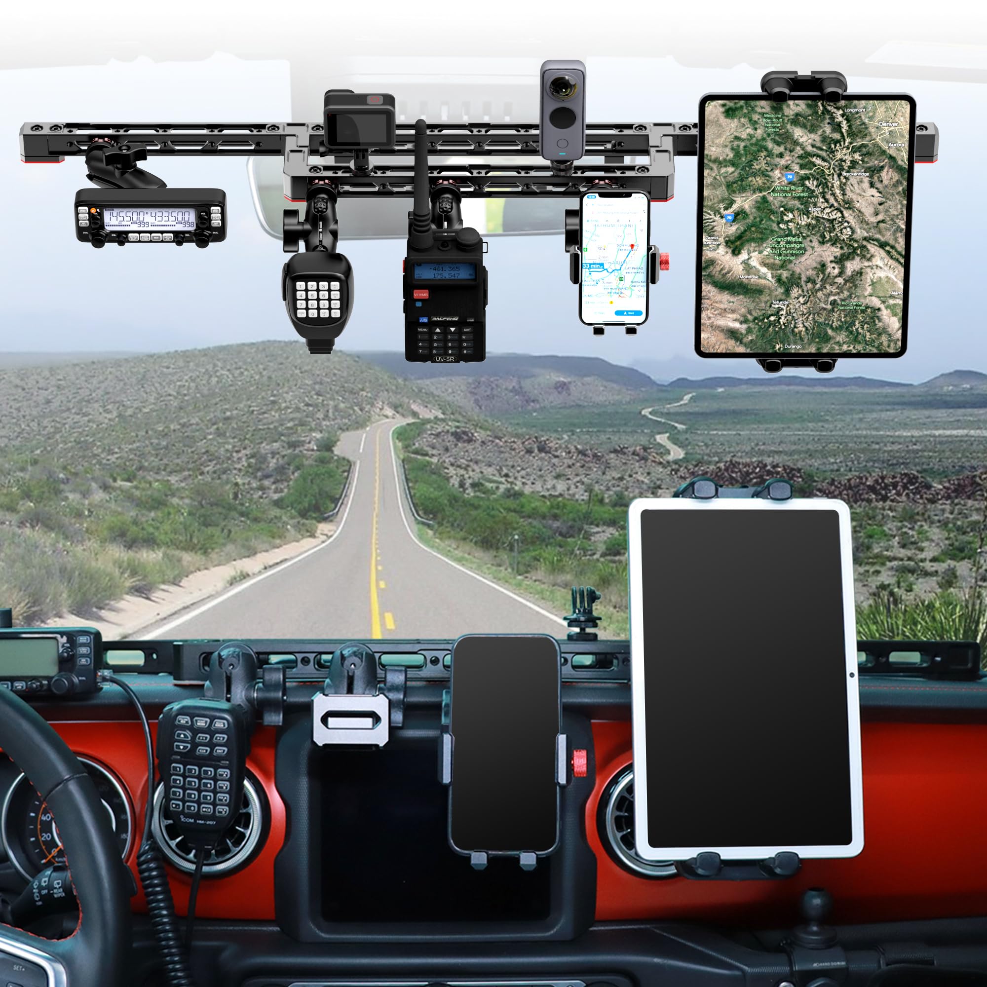 EASEORD Universal Dash Mount Phone Holder for Jeep Wrangler JL JLU & Gladiator JT (2018-2023) - Compatible with Smartphones, Tablets, GoPro, Insta360, Two-Way Radios & More - Secure Multi-Device Car Mount for Off-Roading, Camping & Daily Commute