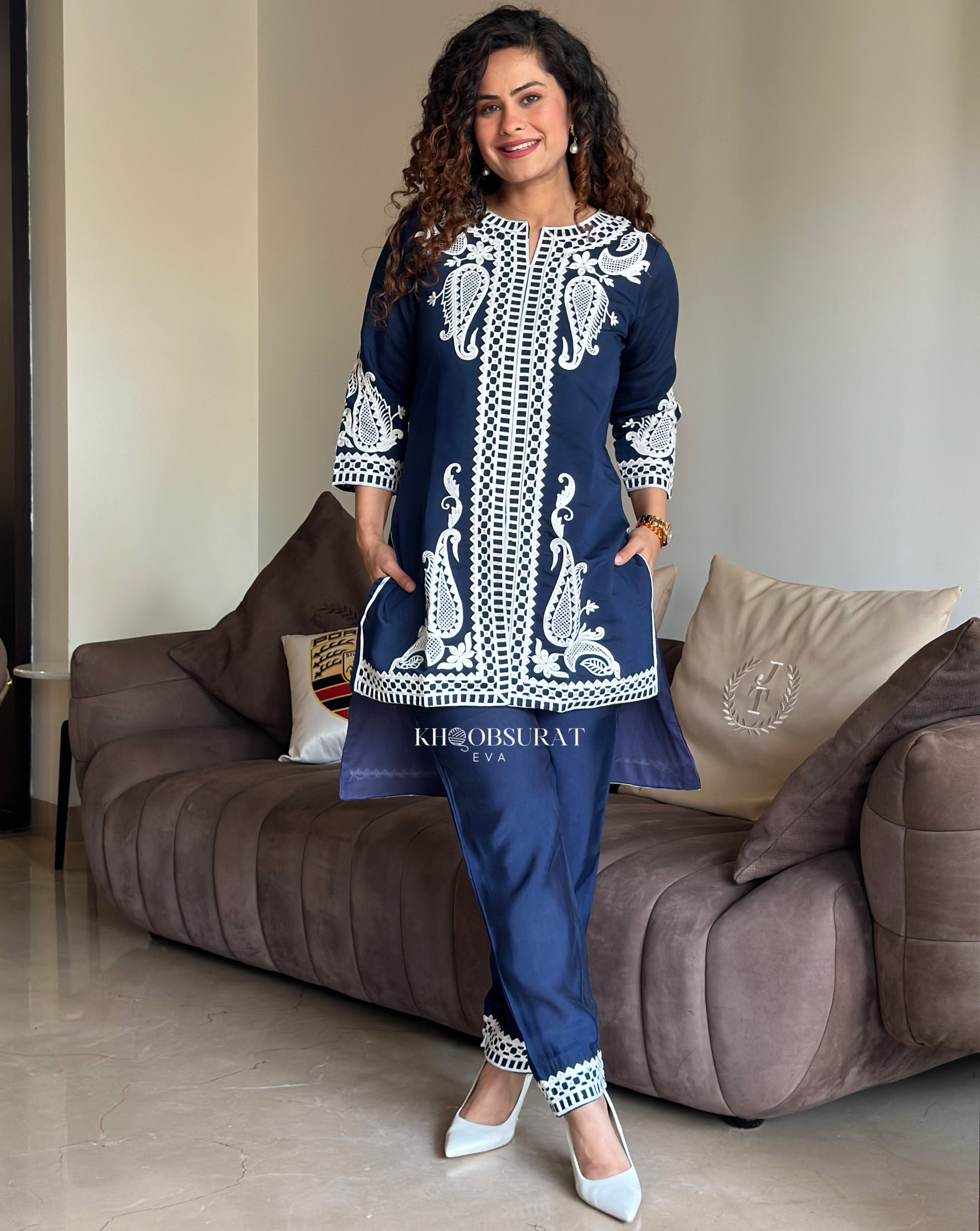 Sapphire Stitch Embroidered Blue Matching Outfit Set for Women - Elegant Lounge Wear & Casual Date Night Outfits