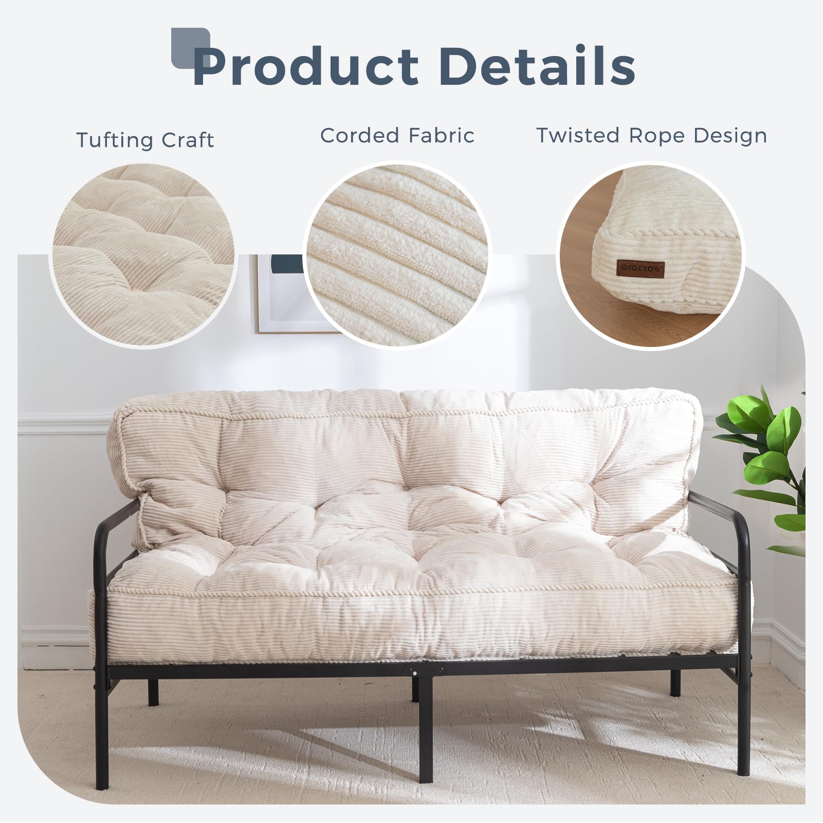 MAXYOYO 8 Inch Tufted Futon Sofa Bed - Thick Corduroy Fabric Floor Mattress for Adults (Mattress Only), Beige - Perfect for Small Spaces, Guest Rooms & Dorm Rooms