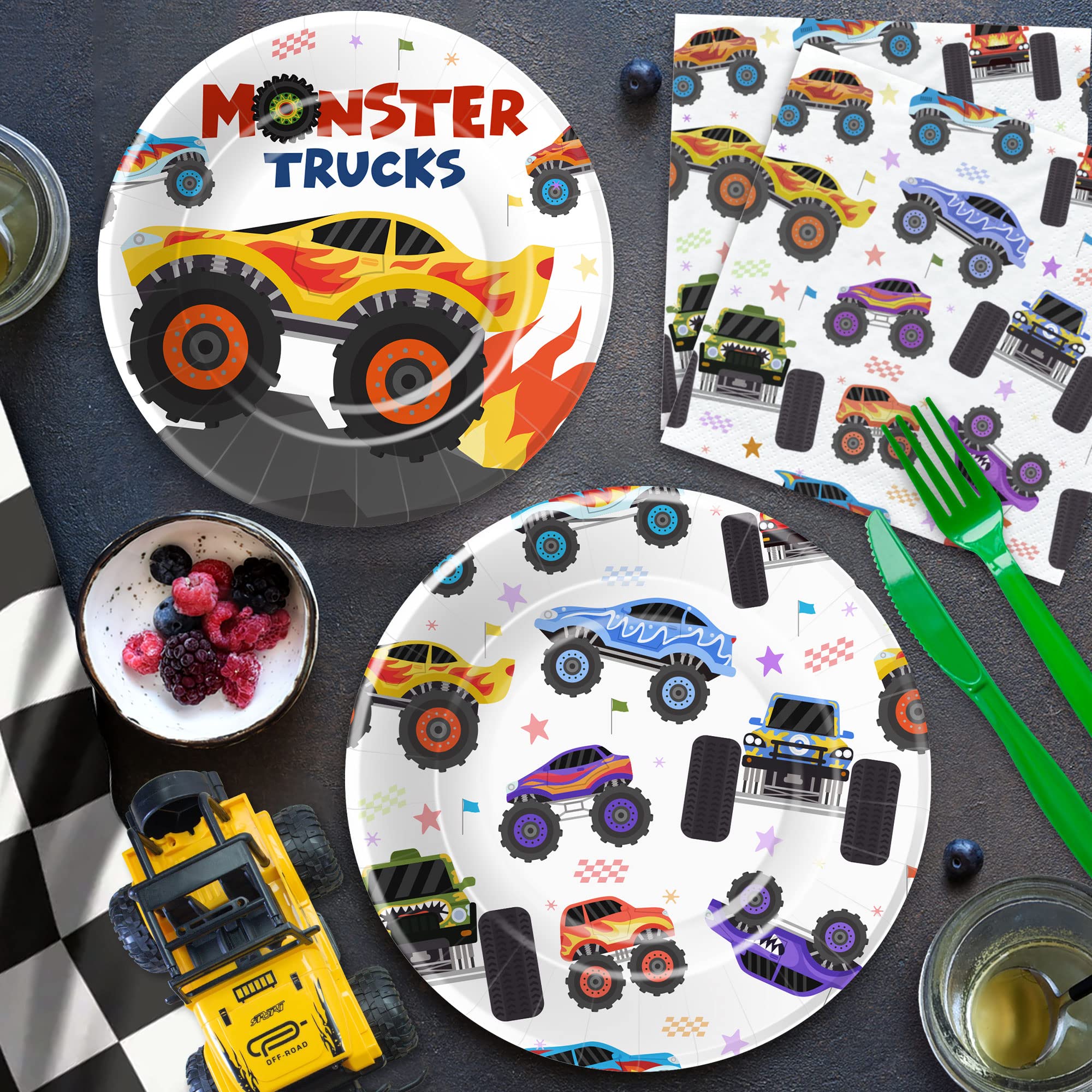 Monster Truck Birthday Party Supplies Set - 24-Piece Tableware Kit with Plates, Napkins, Tablecloth & Forks for Kids' Monster Jam Themed Party Decorations | Perfect for Birthday Celebrations, Themed Events & Kids' Dinner Parties