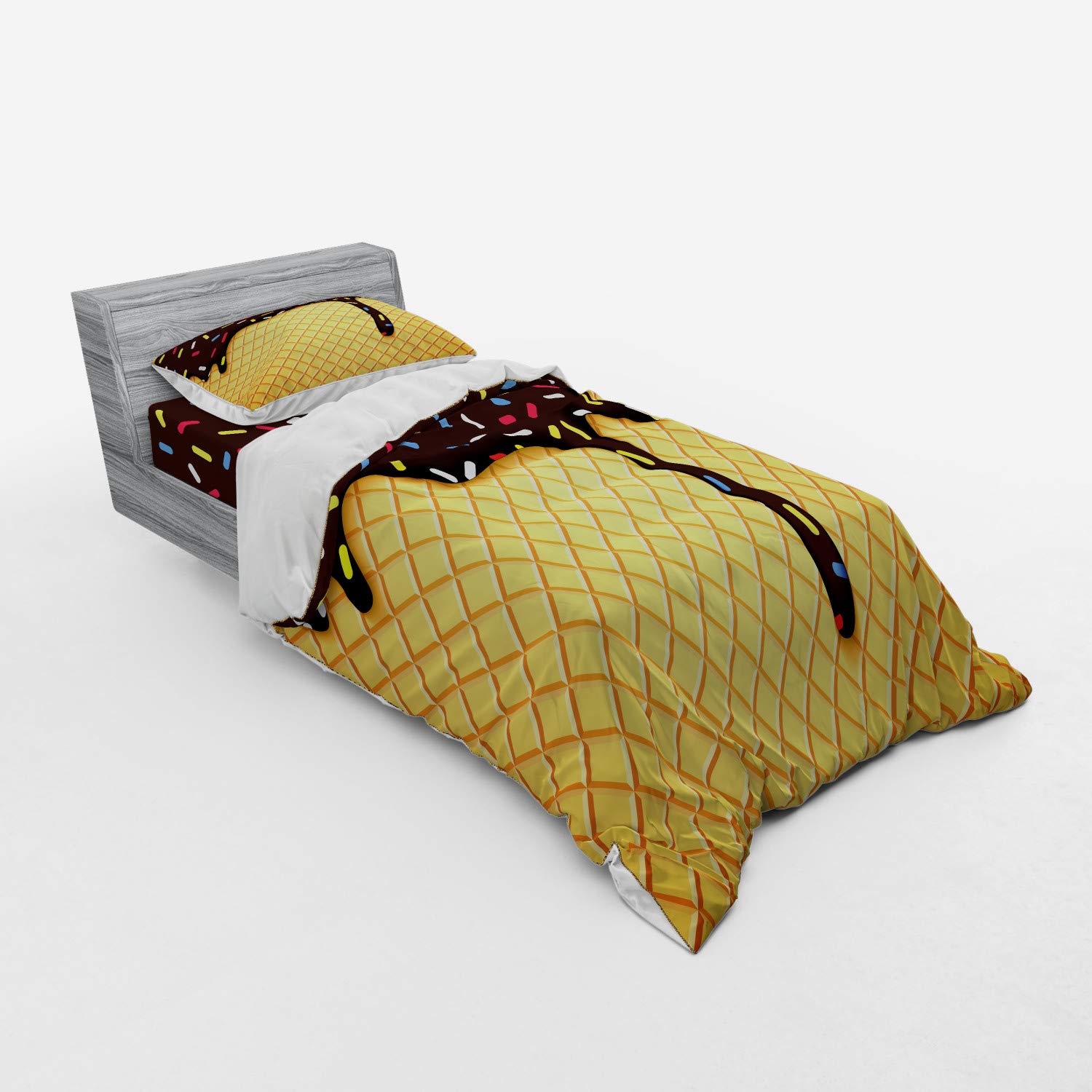 Ambesonne Ice Cream Duvet Cover Set - Waffle Chocolate Flavor Dessert Design, 3-Piece Bedding Set with Sham & Fitted Sheet, Twin Size, Dark Brown Mustard - Perfect for Kids' Rooms, Sweet Themed Bedrooms & Dessert Lovers