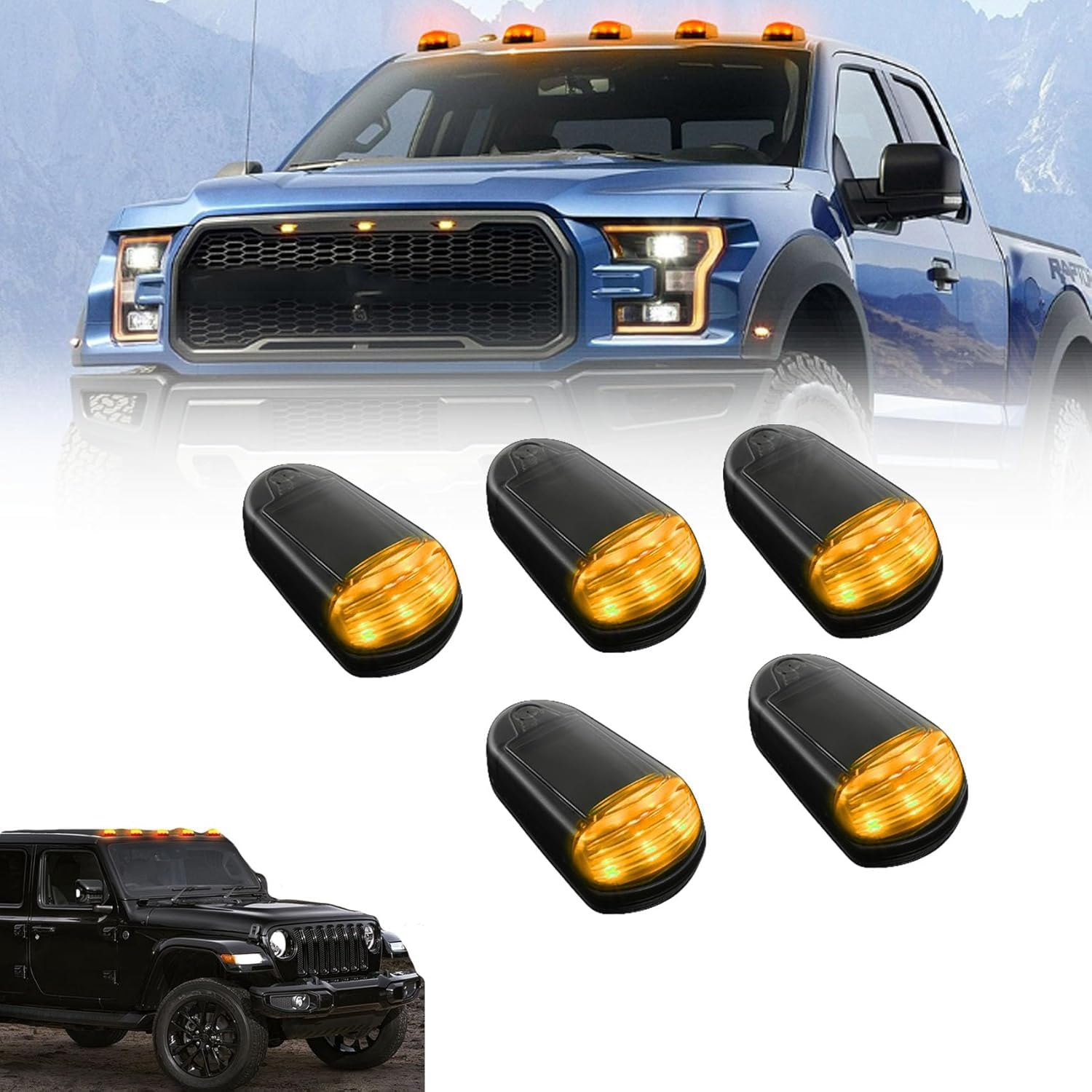 Solar Powered Wireless LED Cab Lights for Trucks - 7 Color Changing, No Drill Installation, Waterproof Roof Lights (5 Pack, Yellow Light) - Perfect for Nighttime Safety & Off-Road Adventures