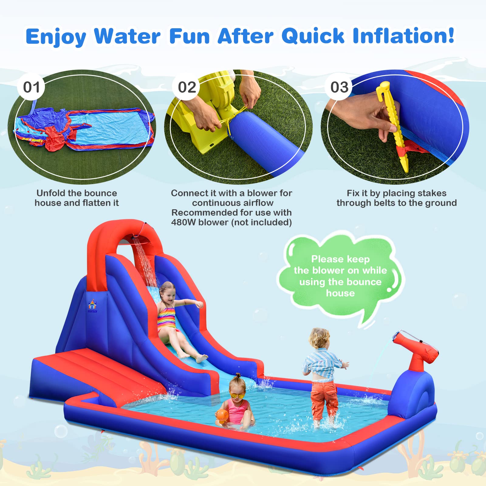 BOUNTECH Inflatable Water Slide for Kids - Outdoor Surfing Waterslide Bouncer Park with Large Splash Pool & 2 Swimming Rings - Fun Backyard Water Slides for Boys and Girls - Perfect for Summer Parties, Birthday Gifts & Outdoor Family Activities