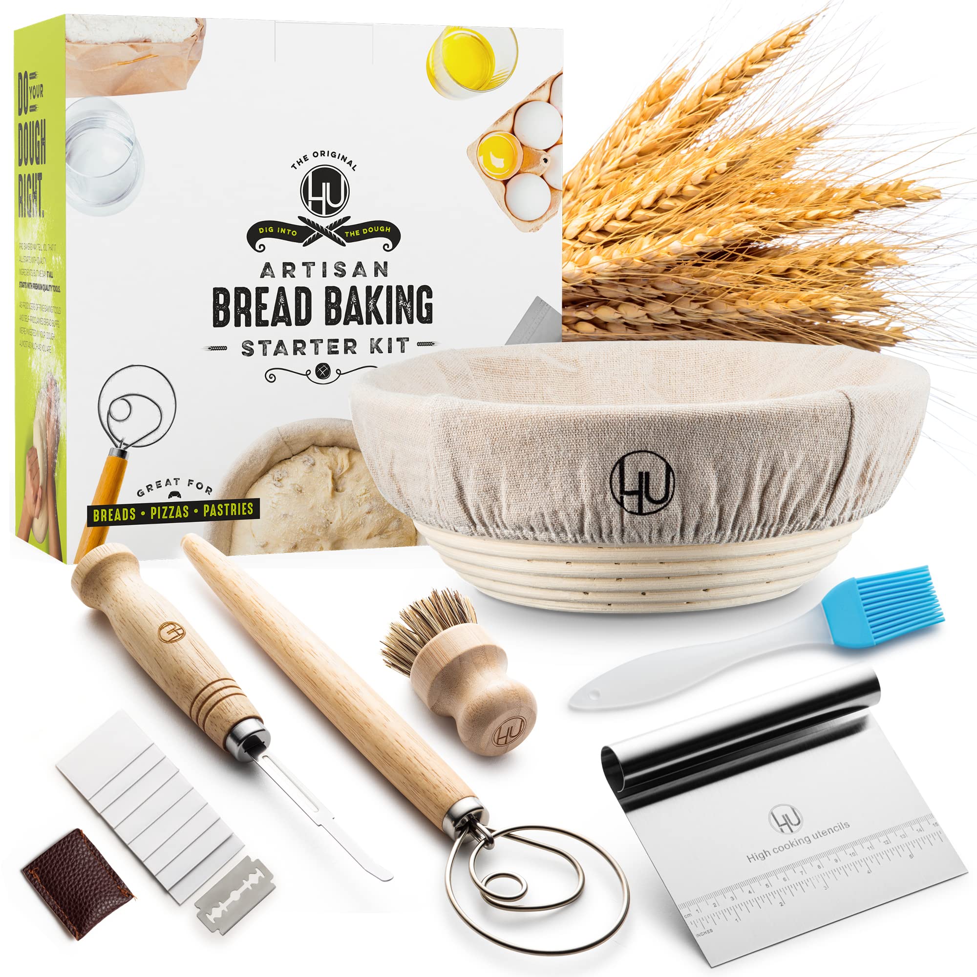 Organic Sourdough Starter Kit - Complete Bread Baking Supplies with Banneton Proofing Basket, Linen Cloth, Dough Whisk, Bread Lame, Scraper & 2 Brushes - Perfect for Artisan Sourdough, Homemade Bread & Baking Enthusiasts - Ideal for Home Bakers, Gifts & Kitchen Essentials