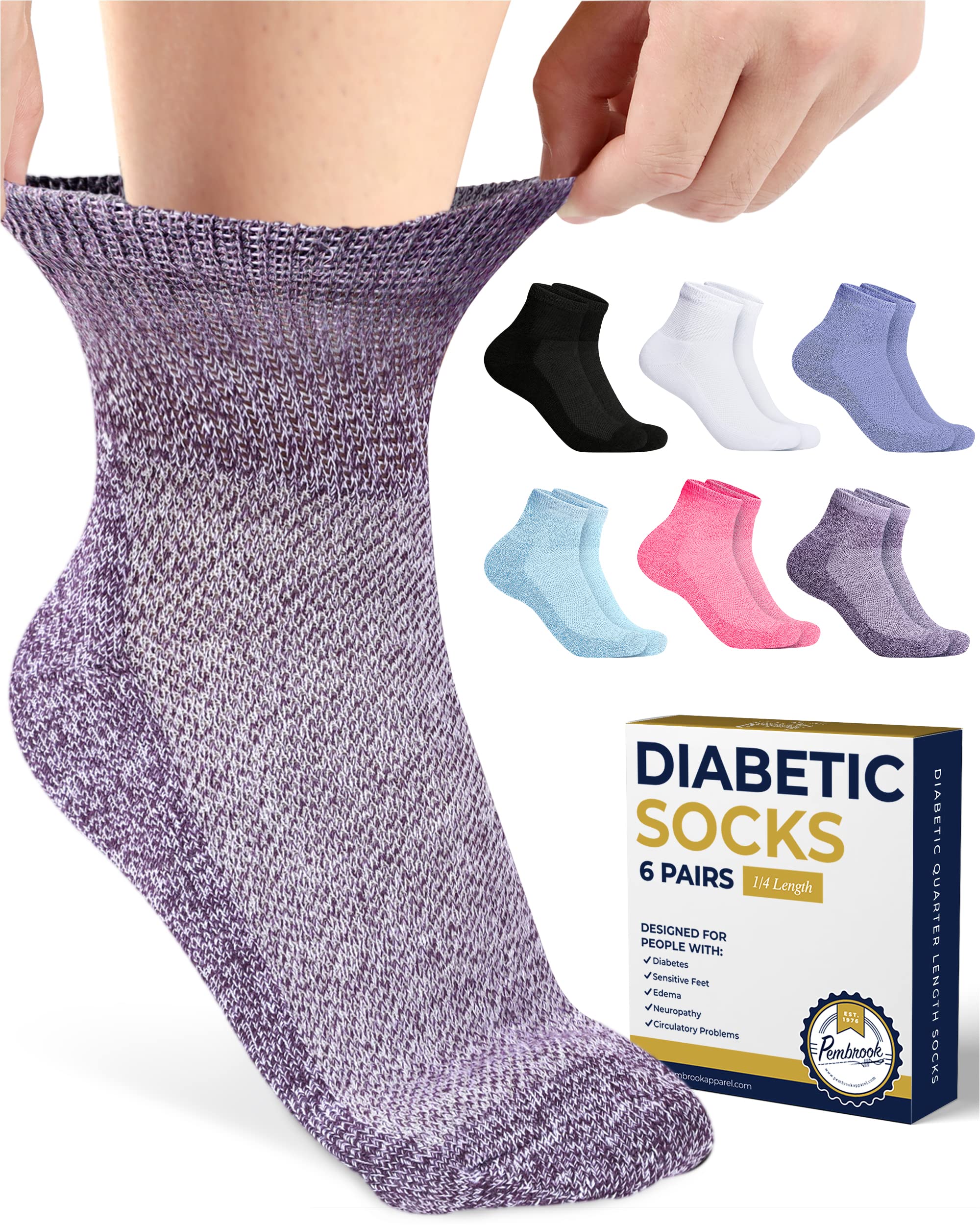 Pembrook Diabetic Socks for Women & Men - 6 Pairs Non-Binding Ankle Socks for Edema & Neuropathy - Wide Comfort Quarter Length Cotton Socks for Swollen Feet Relief - Ideal for Diabetes Care, Circulation & Daily Wear