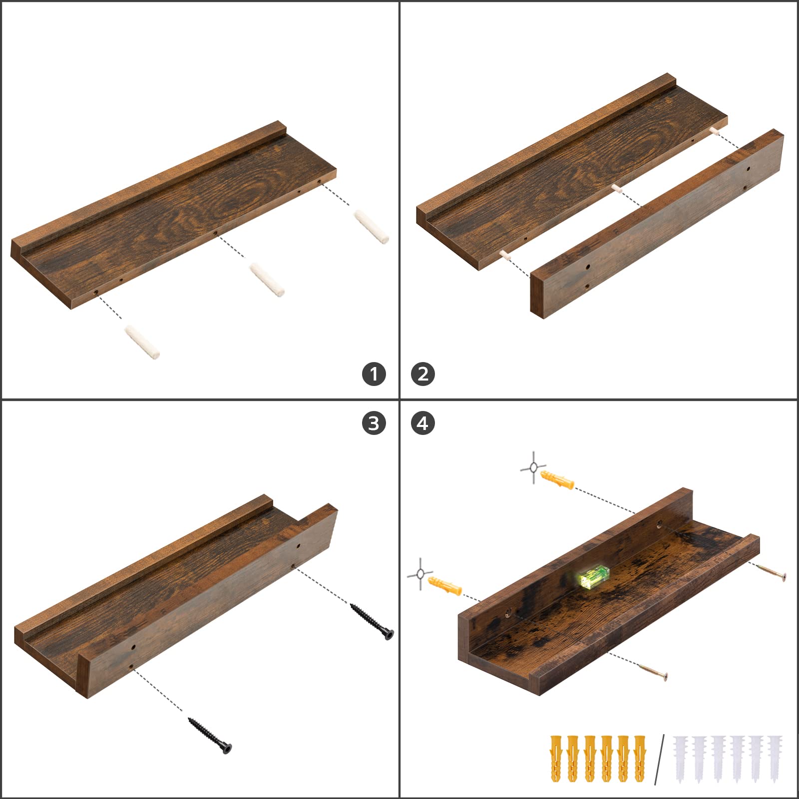 HOOBRO Floating Shelves Set of 3 - 35.4 Inch Wall Mounted Shelves with Raised Edge & Hidden Brackets - Rustic Brown Wooden Shelves for Bathroom, Bedroom, Kitchen, Office & Living Room Decor - Perfect for Displaying Books, Plants, Photos and Home Decor Items