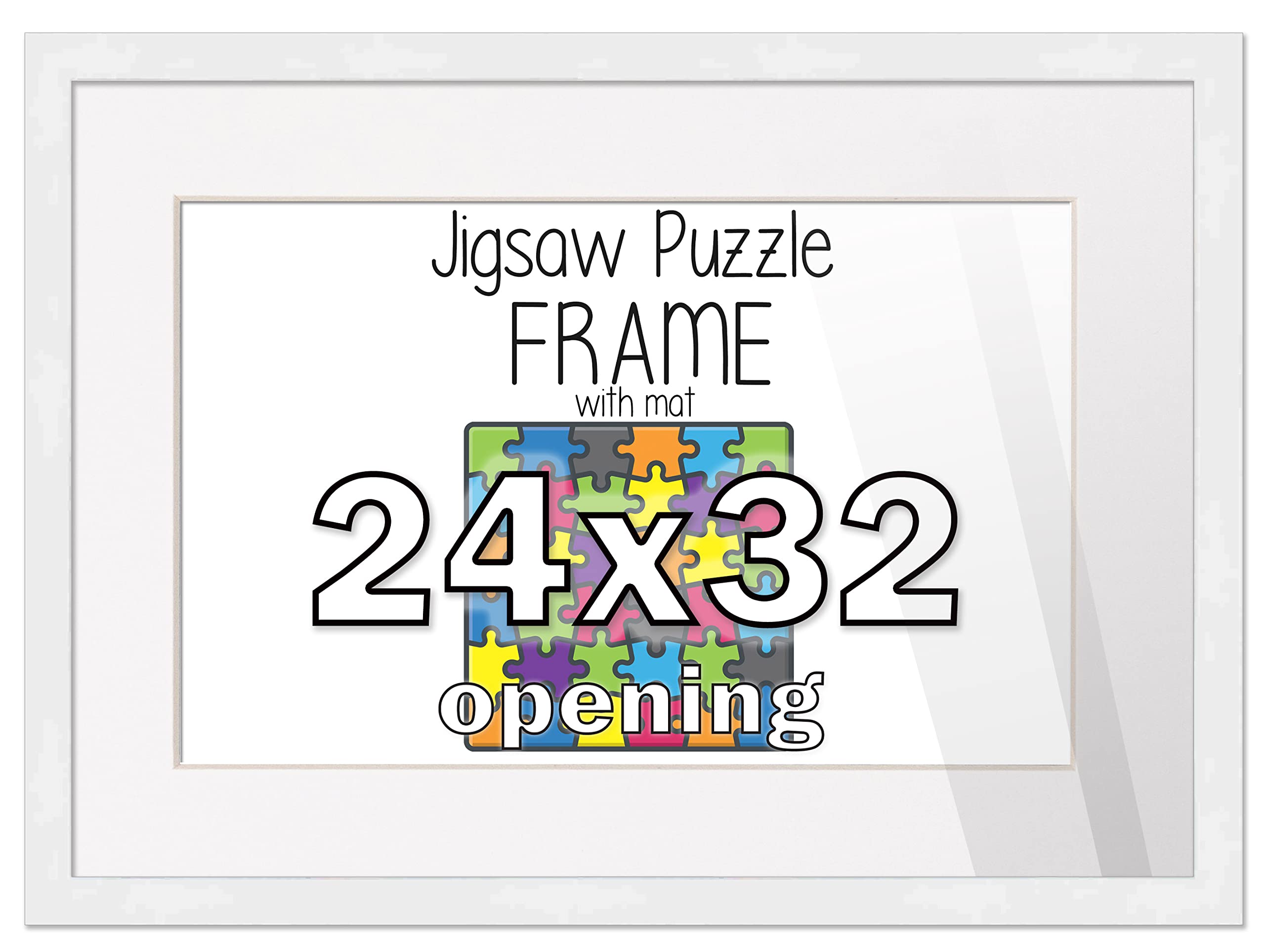 26x34 White Solid Wood Picture Frame with Mat for 24x32 Puzzle - Includes Peel & Stick Puzzle Glue Sheets, White Photo Mat, Acrylic Plexiglass, Foam Board Backing & Hanging Hardware | Perfect for Displaying Jigsaw Puzzles in Home, Office or Gallery