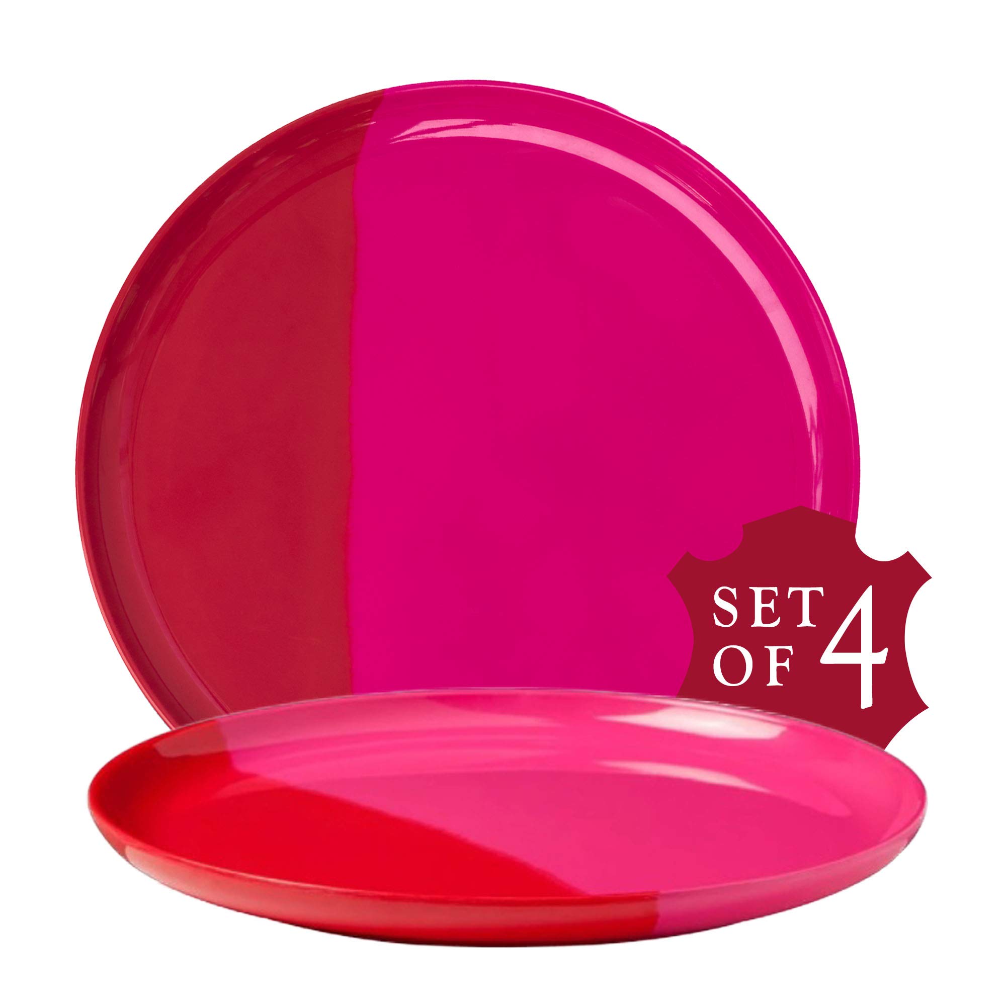 Melamine Dinner Plates Set of 4 - Break & Chip-Resistant, Durable Dishwasher Safe Dinnerware for Indoor & Outdoor Use - Perfect for Picnics, BBQs, and Everyday Dining - Fuchsia/Red
