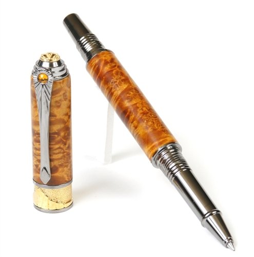 Lanier Art Deco Rollerball Pen - Premium Black Titanium & 22kt Gold Trim - Yellow Box Elder Wood - Luxury Writing Instrument for Business Gifts & Executive Office Use