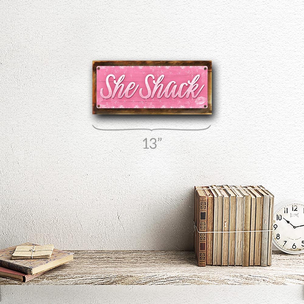 Pink She Shack Metal Sign - Framed & Sun Protected 4”x12” - Kiss & Lipstick Design - Perfect for Woman Cave, She Shed & Rustic Décor - Ideal for Home, Office or Gift Giving
