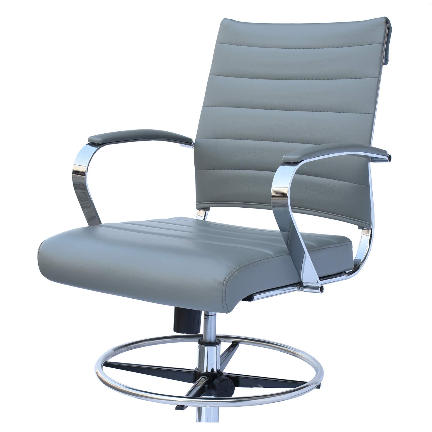 2xhome Modern Adjustable Ergonomic Office Chair with Arms - Grey Ribbed Designer Drafting Chair for Home Office, Computer Work & Creative Workspaces