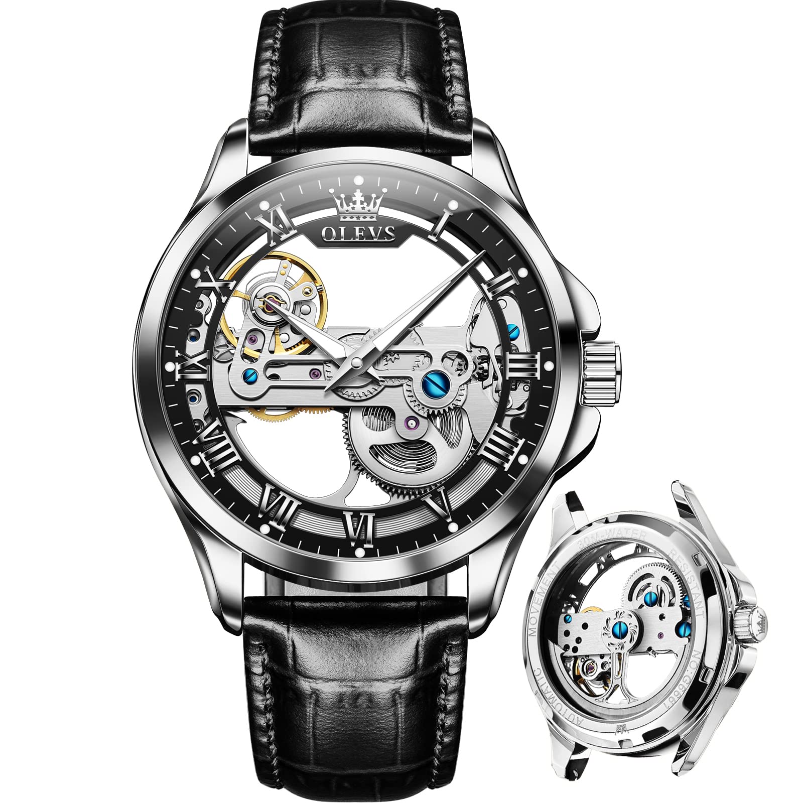 OLEVS Men's Automatic Skeleton Mechanical Watch - Waterproof Rose Gold Case with Genuine Leather Band (Brown/Black) - Perfect for Business, Formal & Casual Wear