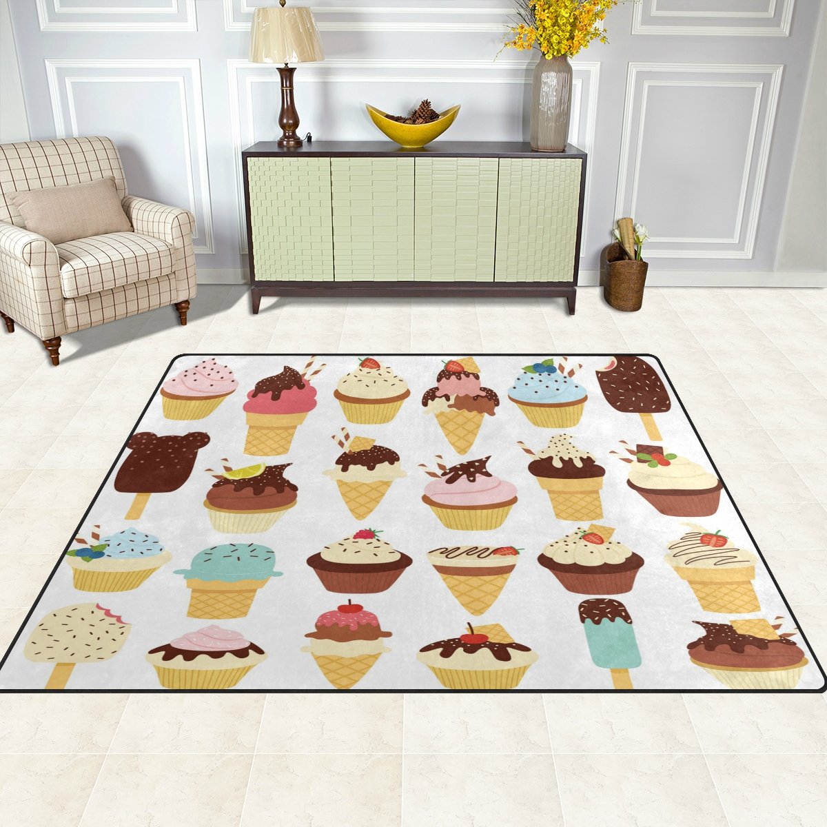 ALAZA Summer Cartoon Ice Cream Cupcake Strawberry Fruit Area Rug - Soft Non-Slip 7' x 5' Living Room Bedroom Rug for Kids Nursery, Dorm Decor | Perfect for Playroom, Girls Room & Home Decor