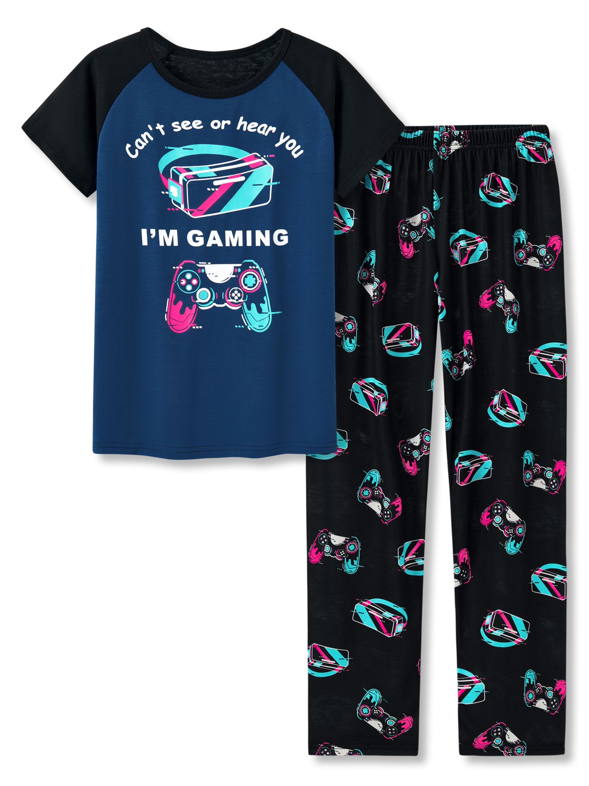 Tebbis 2-Piece Soft Cotton Boys' Pajama Set - Gamer Print Short Sleeve & Pants (Sizes 6-18) - Perfect for Sleepovers, Gaming Nights & Relaxing at Home