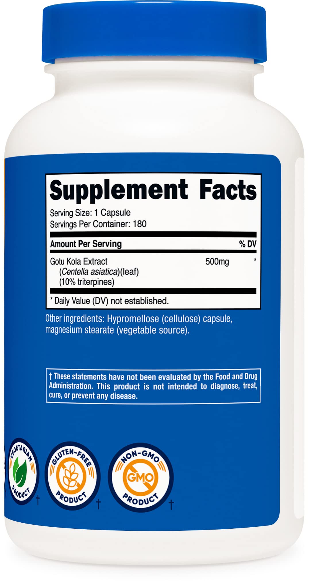Nutricost Gotu Kola 500mg, 180 Vegetarian Capsules - Gluten Free, Non-GMO Supplement for Memory Support & Stress Relief - Perfect for Daily Wellness Routine