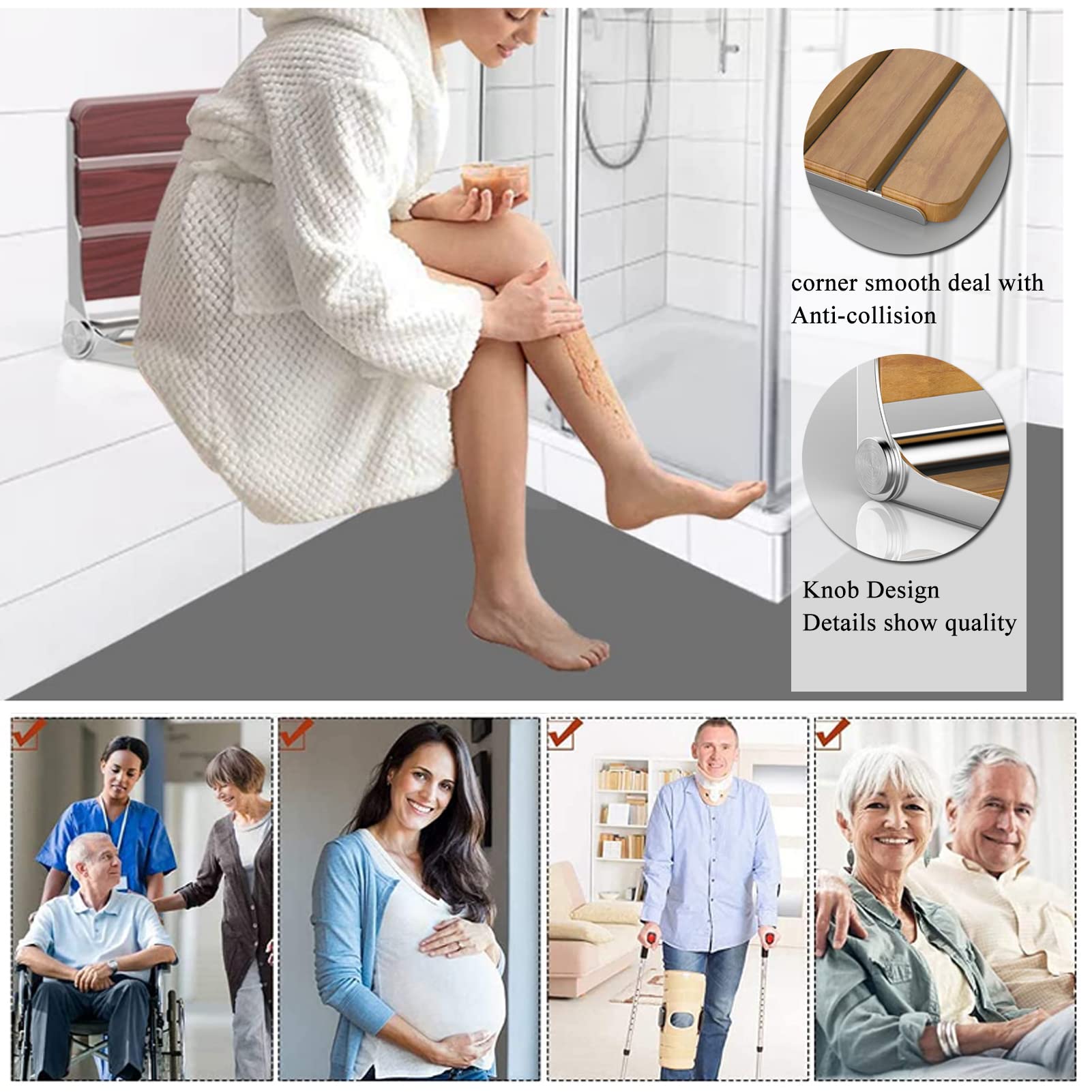 Premium Fold Down Shower Seat Wall Mounted - Teak Wood Folding Shower Bench 440 lbs Capacity - ADA Compliant Medical Shower Chair for Elderly, Disabled & Adults - Non-Slip Surface (Beech Color) - Ideal for Bathroom Safety & Accessibility in Homes & Healthcare Facilities