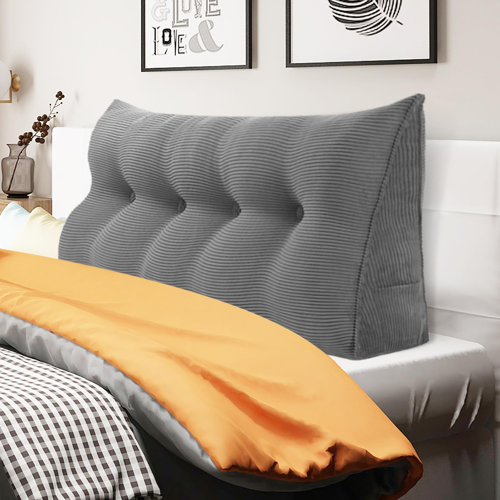 WOWMAX Triangular Headboard Pillow - Full Bed Wedge Pillow with Removable Corduroy Cover (100% Cotton) - Perfect for Headboard Support, Daybed Comfort & Backrest Reading in Bed