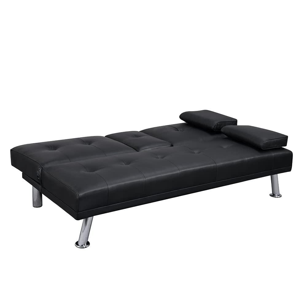 Modern Convertible Folding Futon Sofa Bed - Faux Leather Upholstery with Removable Armrests & Metal Legs - Space-Saving Sleeper for Small Apartments, Dorms, Bonus Rooms - Includes 2 Cup Holders (Black) - Perfect for Compact Living Spaces, Guest Rooms & Studio Apartments