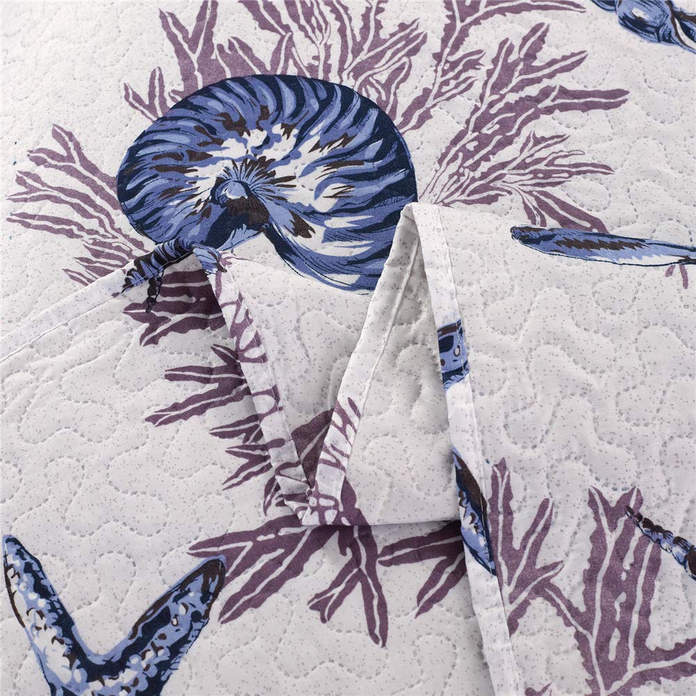 **Twin Size Reversible Beach Quilt Set - Coastal Ocean Theme with Starfish & Conch Shell Design - Lightweight Summer Bedspread Coverlet - Blue Home Decor for Bedroom, Guest Room & Vacation Homes**    *(Perfect for beach houses, coastal-themed bedrooms, or adding a breezy summer vibe to any space!)*