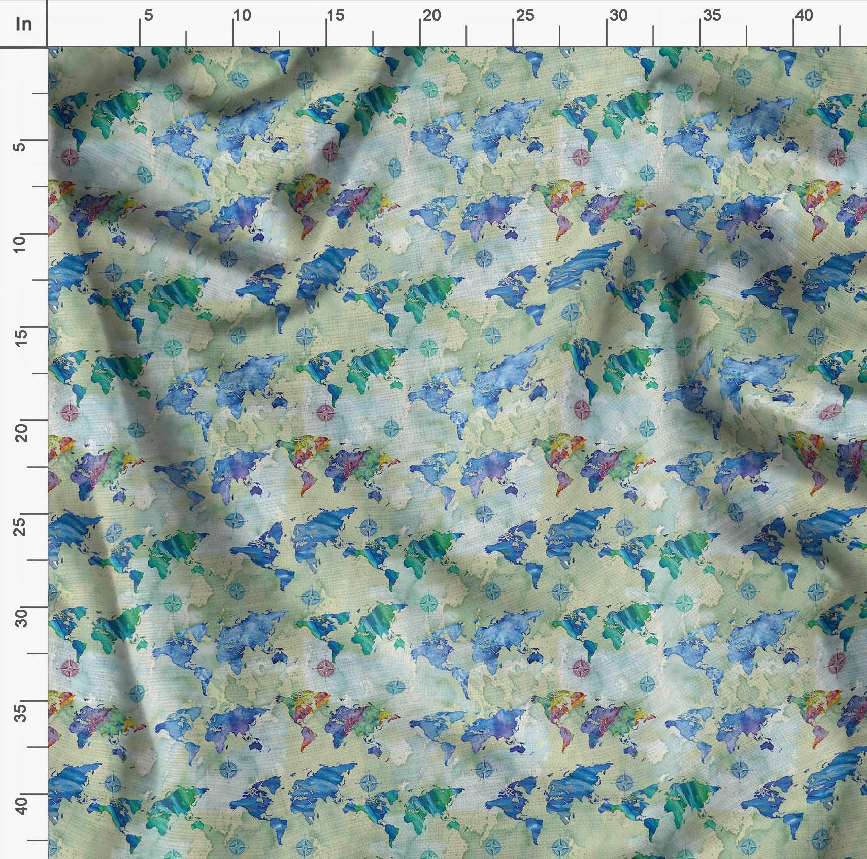 Soimoi 100% Cotton Voile Fabric - Green Nautical Compass & World Map Print - 56