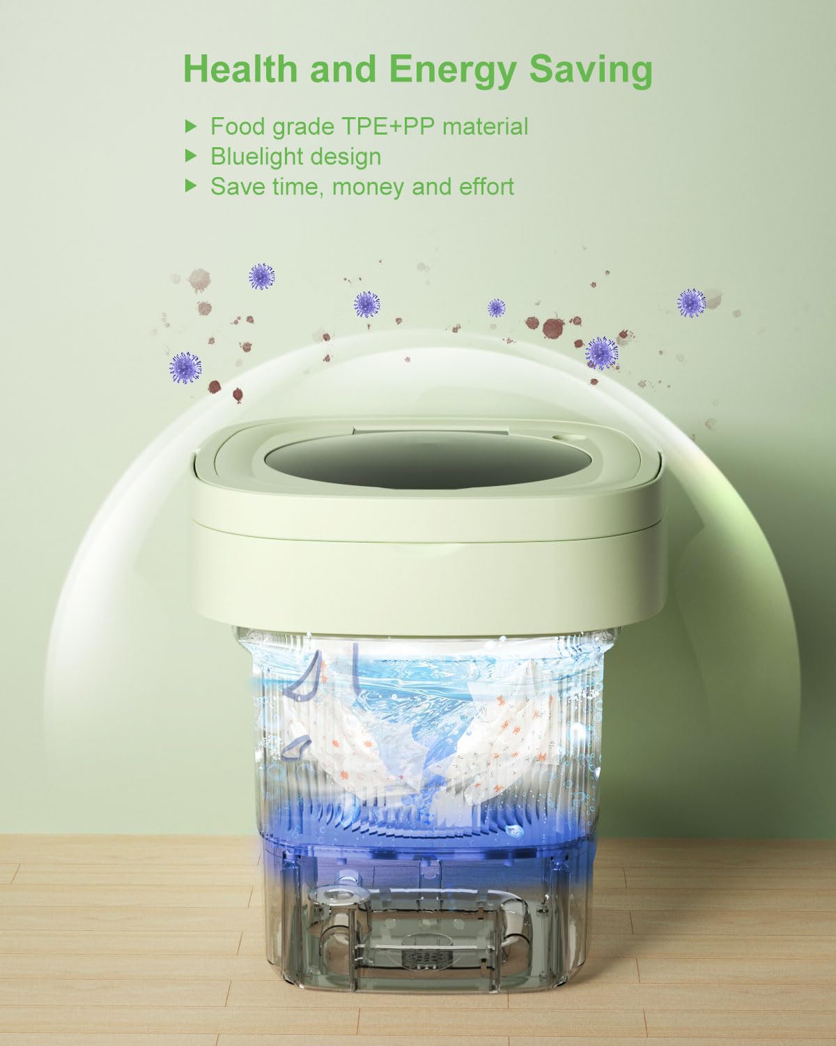Portable Washing Machine 9L Mini Laundry Washer - 3 Wash Modes for Underwear, Baby Clothes, Socks & Delicates | Foldable Compact Washer Dryer Combo for Apartments, Homes, Hotels, Camping & RVs | Ideal for Small Spaces, Travel & Emergency Laundry (Green)