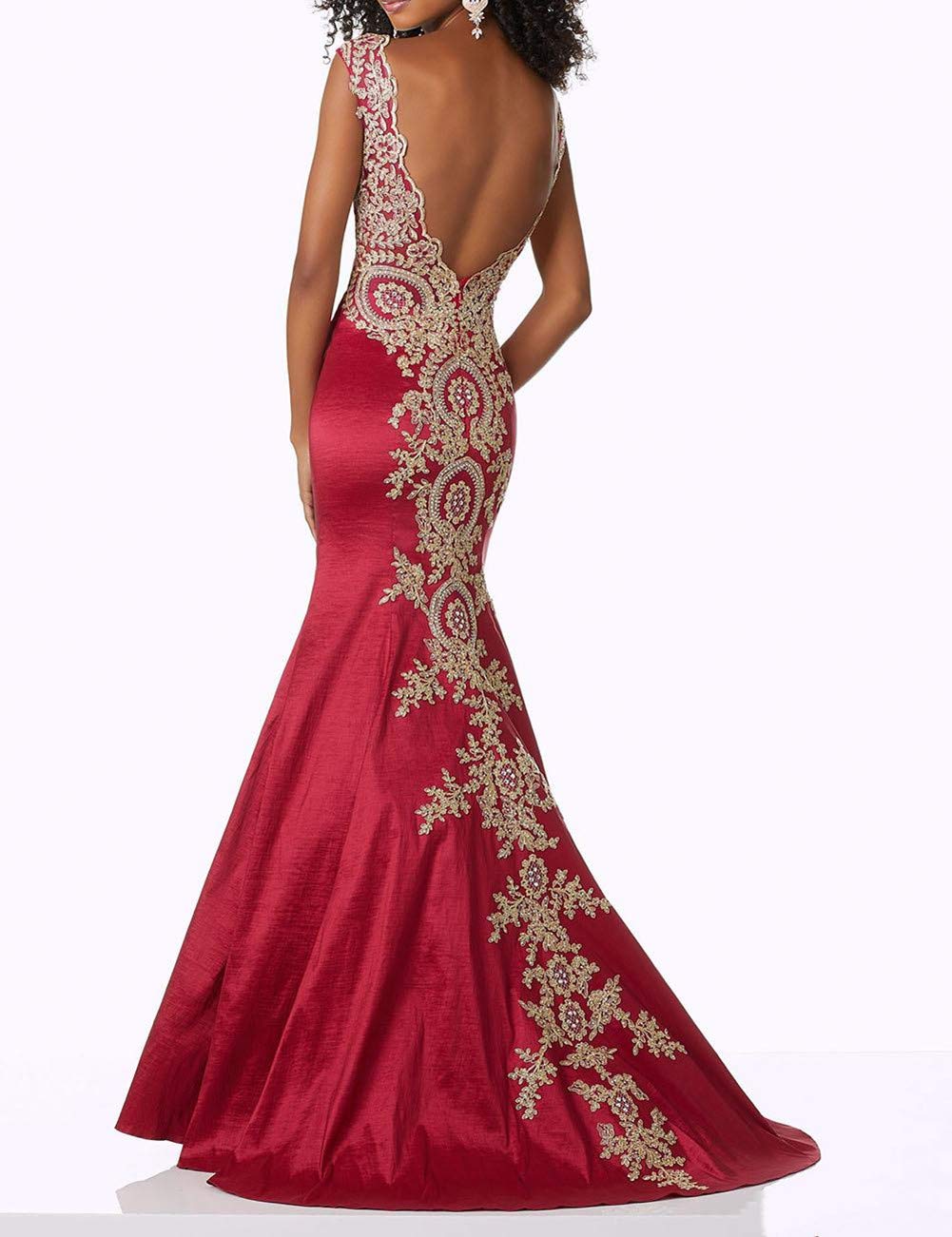 Emanni Women's Gold Lace Applique Mermaid Evening Dress - Elegant Long Prom Gown for Formal Events, Weddings & Black Tie Parties
