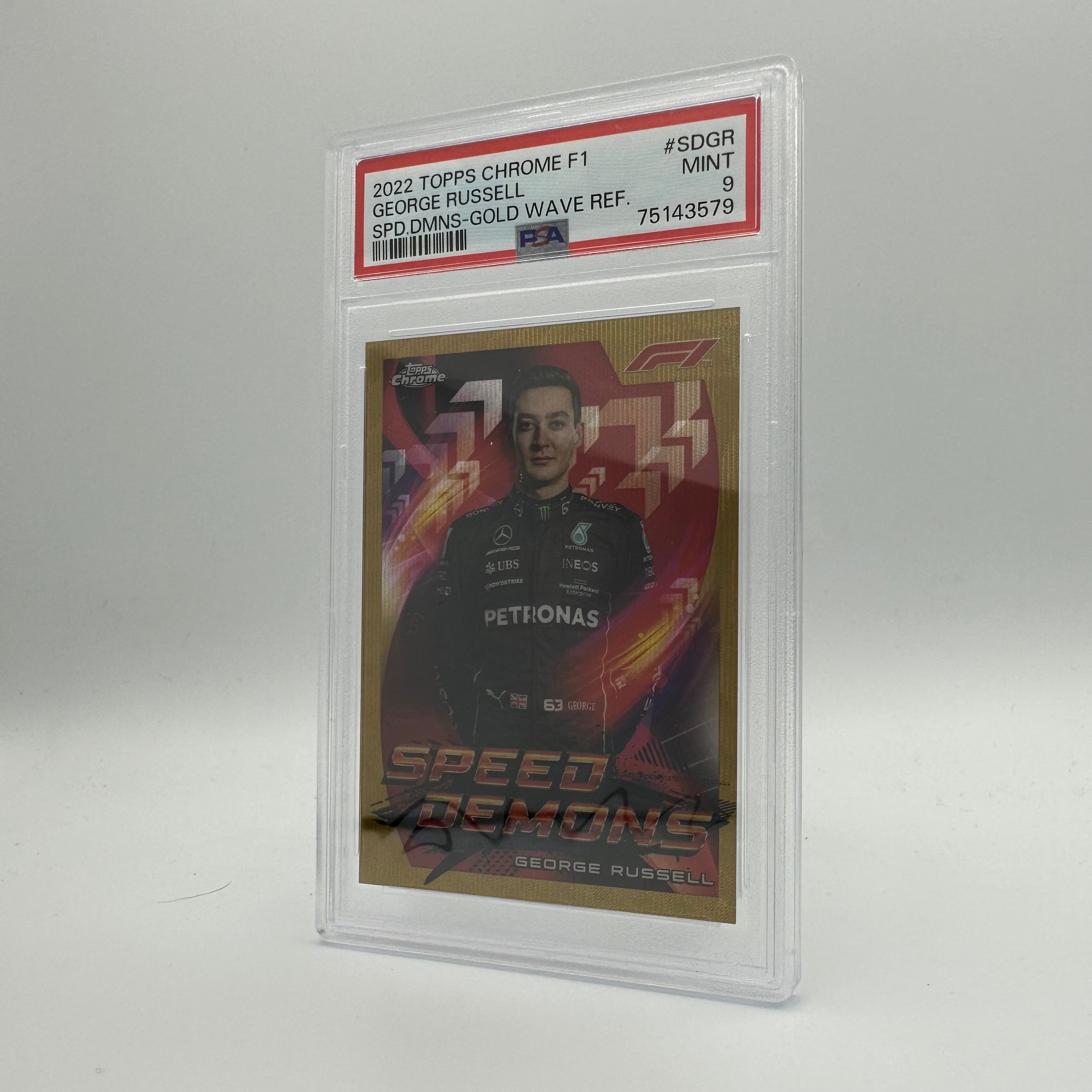 PSA 9 George Russell #SDGR 11/50 Speed Demons Gold Wave Refractor - Rare Trading Card for Collectors & F1 Fans, Perfect for Display & Investment