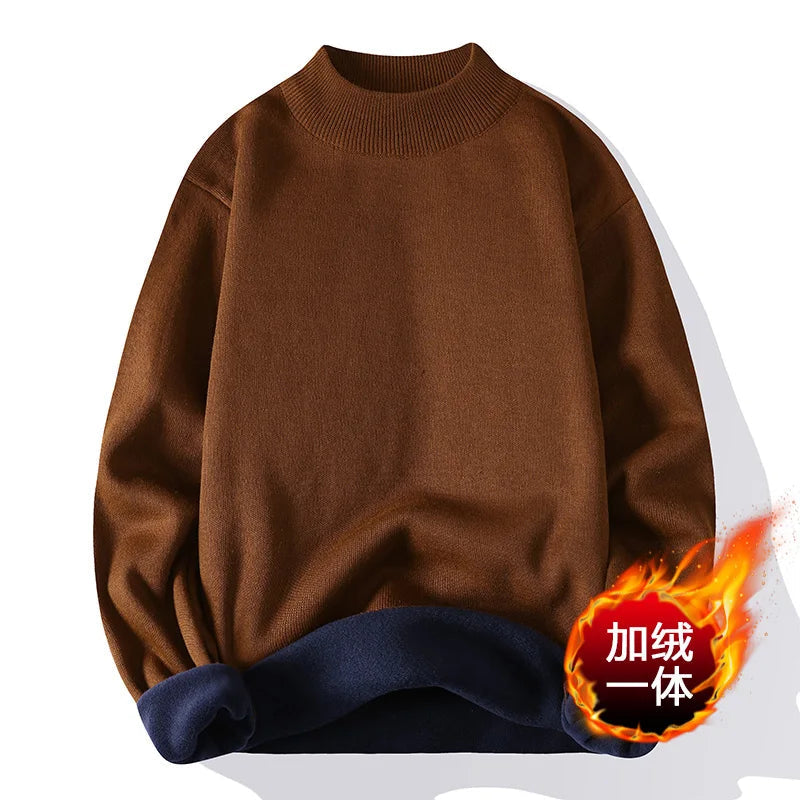 Men's Autumn Winter Knitted Mock Neck Sweater - Thick Fleece Lined Solid Color Casual Pullover | Warm & Stylish for Office, Dating & Outdoor Activities