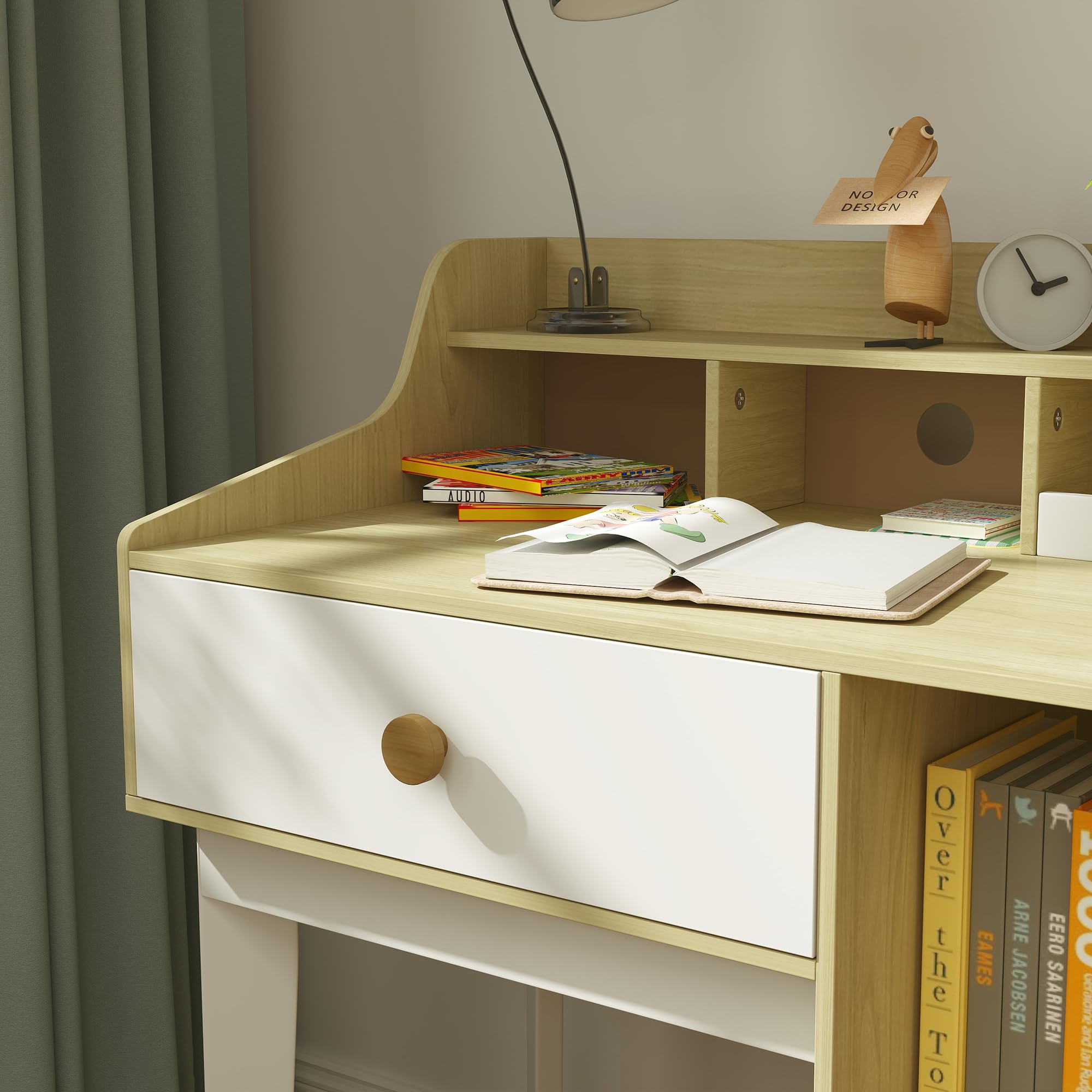 Qaba Kids Study Desk and Chair Set with Storage Shelves & Drawer - Adjustable Height Children's Desk for Ages 3-10 - White - Perfect for Homeschooling, Online Learning & Bedroom Study Space