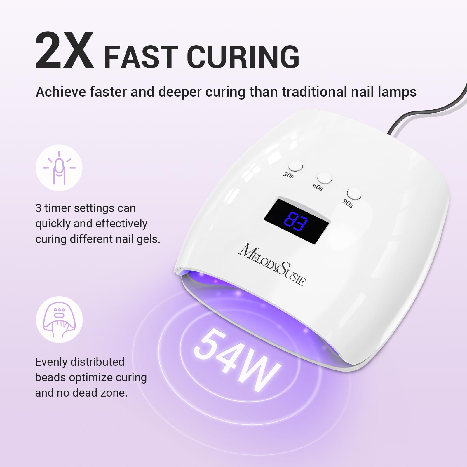Melodysusie UV LED Nail Lamp 54W Professional Gel Nail Dryer with Smart Sensor, 3 Timer Settings & LCD Display - Fast Curing for Gel Polish, Manicures & Nail Art at Home Salon