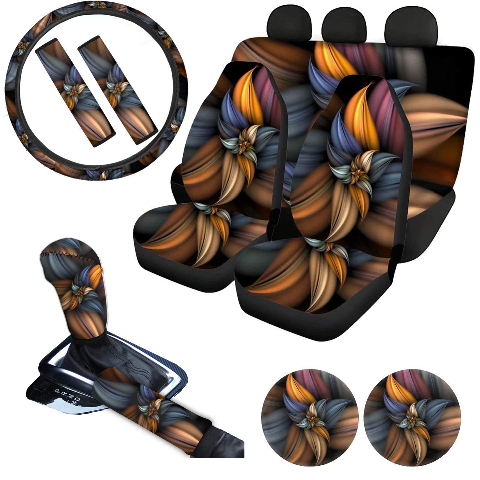 AFPANQZ 11-Piece Spiral Floral Car Interior Accessories Set - Seat Covers, Steering Wheel Cover, Gear Shift Knob Cover, Handbrake Sleeve, Seat Belt Pads & Cup Coasters (Brown) | Perfect for Sedans, SUVs & Trucks - Enhance Comfort & Style While Driving