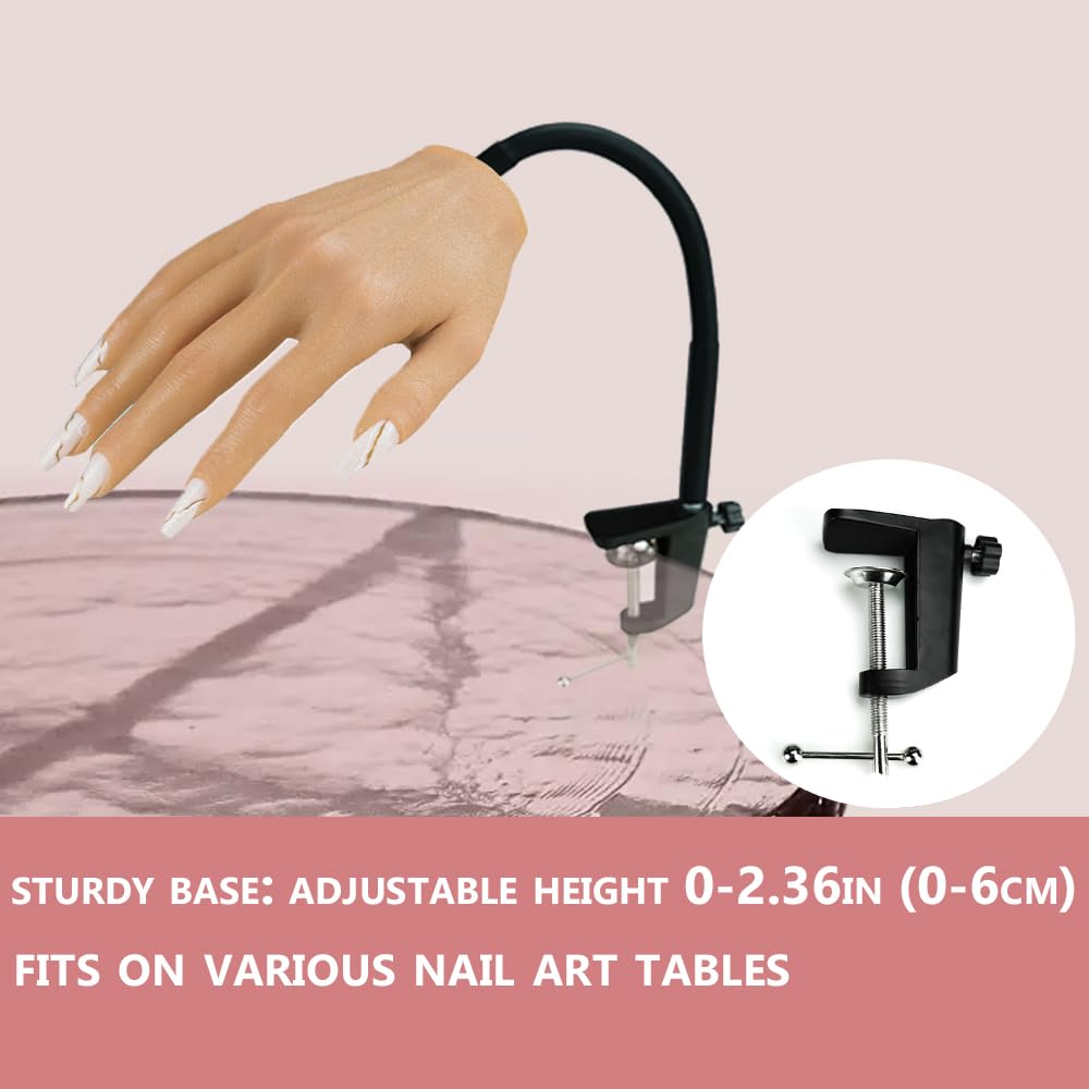 Flexible Silicone Practice Hand for Acrylic Nails - Left Hand Mannequin with Stand | Bendable Fake Hand for Nail Art Training & Practice | Perfect for Beginners, Professionals & Salon Use