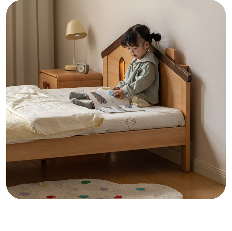 Kids Wooden Bed with Night Light - Beech & Poplar Little House Design with 15-Minute Auto Light Off - Perfect for Bedrooms, Playrooms & Cozy Sleep Spaces