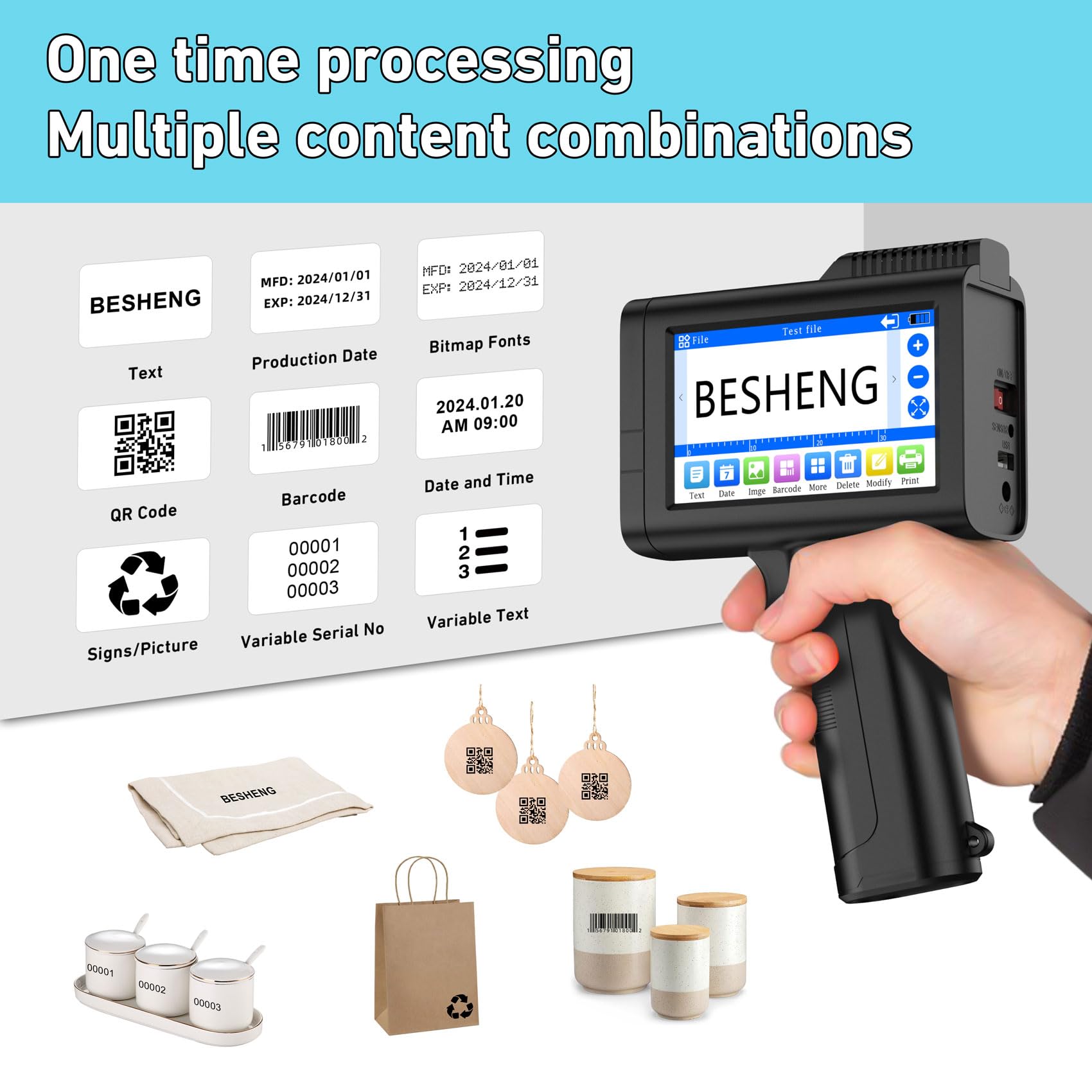 BESHENG TH10 Portable Inkjet Printer - 2~12.7mm Printing Height, Quick-Drying Ink Cartridge for Date/Time/QR Code/Text (Ideal for Food Packaging, Pharmaceutical Labeling & Industrial Product Coding)
