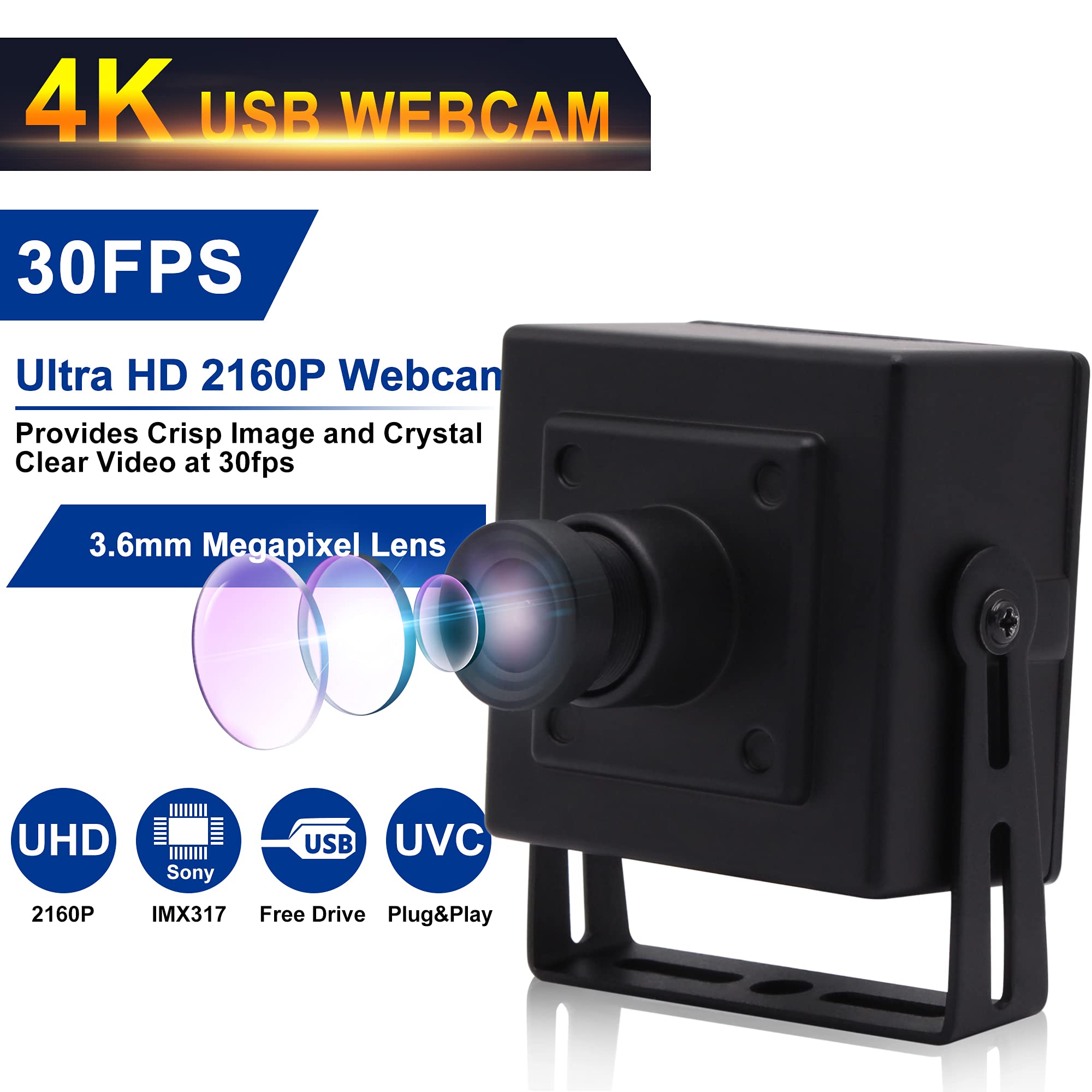 4K Ultra HD Webcam 2160P with IMX317 Sensor - Plug & Play USB Camera for Streaming, Video Calls & Conferencing (30 FPS) - Compatible with Windows, Mac, Linux PCs & Laptops - Perfect for Home Office, Remote Work, Zoom Meetings & Online Classes