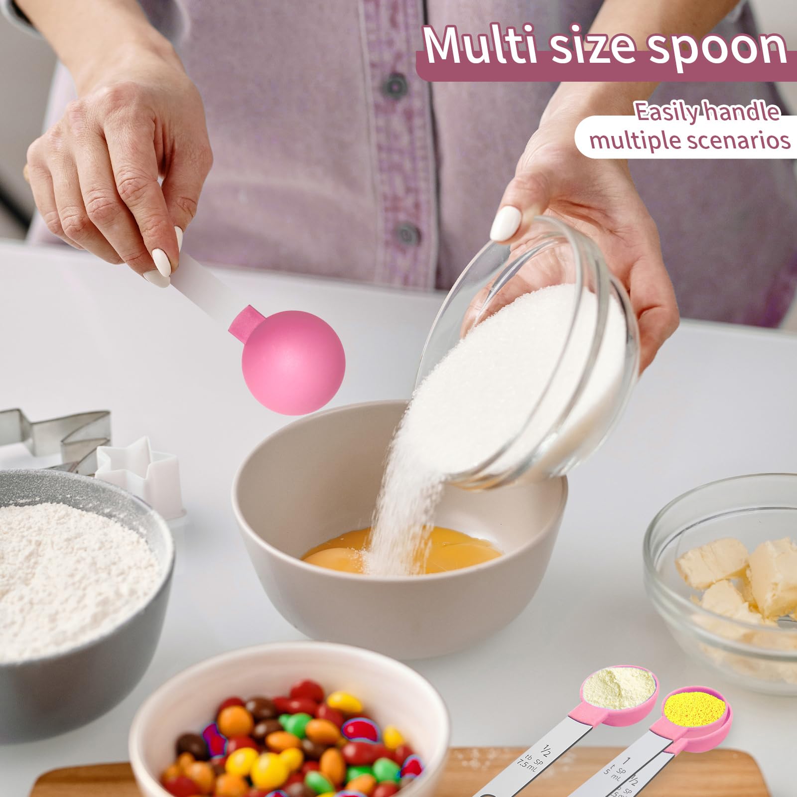 **Stainless Steel Measuring Cups and Spoons Set - Nesting Dry & Liquid Measuring Cups with Plastic Handle - Baking & Cooking Essentials for Kitchen (Pink)**    Perfect for measuring flour, sugar, spices, oils, and liquids – ideal for baking, meal prep, and home cooking.