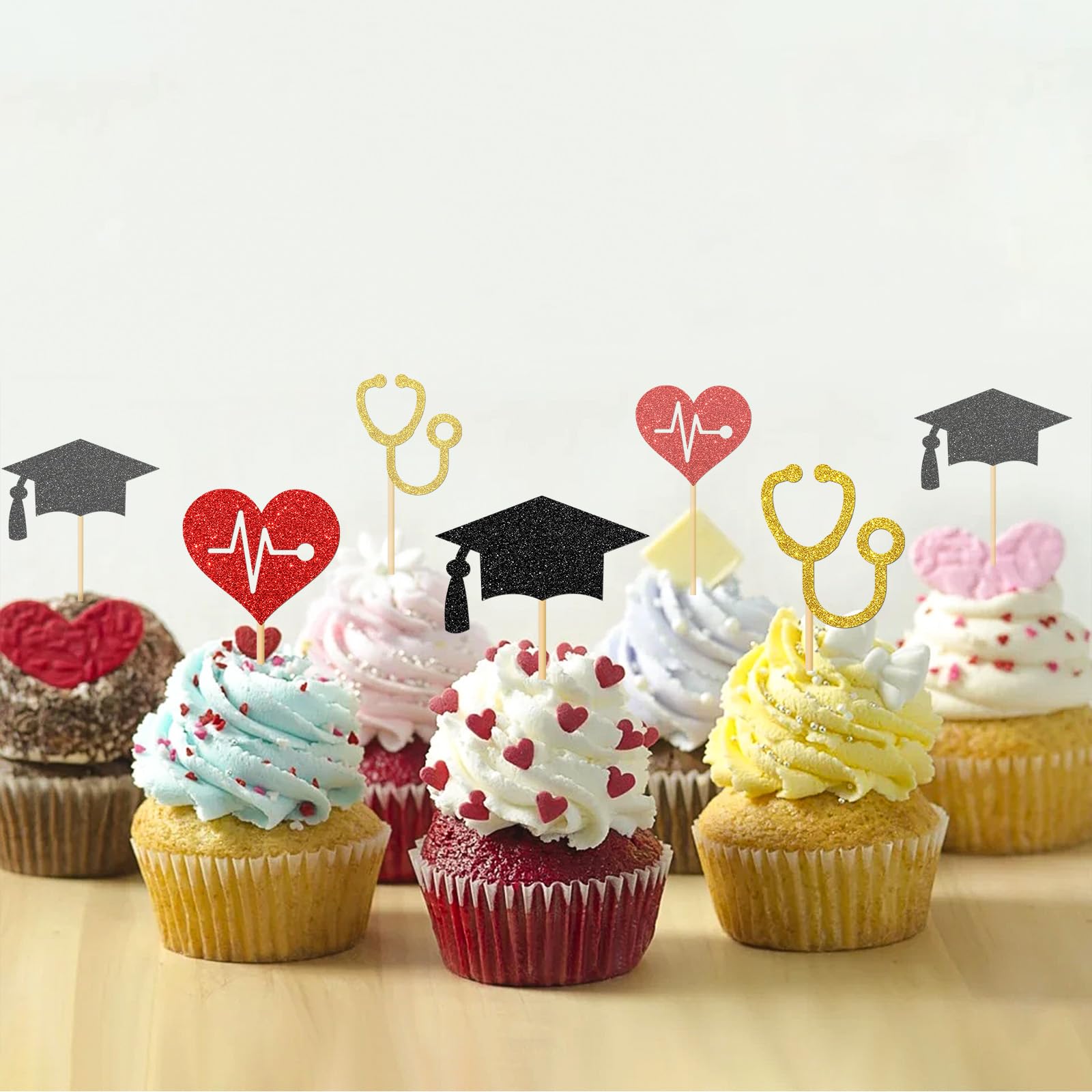 24-Piece Doctor & Nurse Graduation Cupcake Toppers - Medical RN Themed Decorations for Nursing School Graduation Parties (Black, Red & Gold Glitter) - Perfect for Healthcare Graduation Celebrations, Cake Decorating & Dessert Displays
