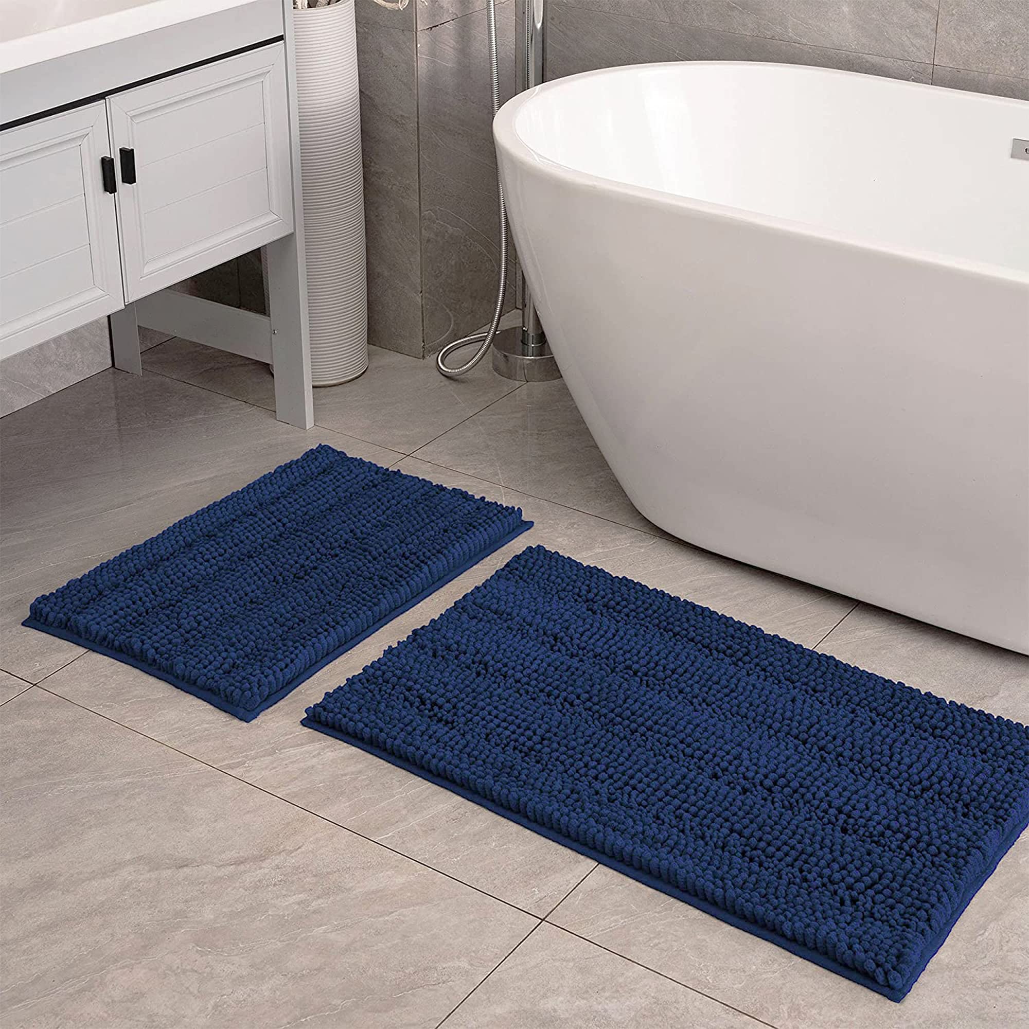 Feivea 2-Piece Extra Thick Chenille Bathroom Rug Set - Super Soft, Absorbent & Non-Slip Bath Mats for Bathroom, Shower & Tub - Washable Fluffy Mats (24x16 + 32x20 Inches, Navy Blue) - Perfect for Bathroom Safety & Comfort