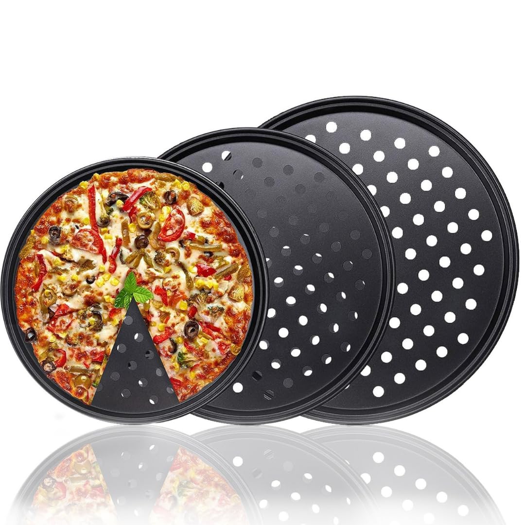 3-Pack Non-Stick Carbon Steel Pizza Pans with Holes - 12, 11 & 9 Inch Round Baking Pans for Oven - Perfect for Home, Restaurant & Commercial Use - Durable Black Coating for Even Heat Distribution