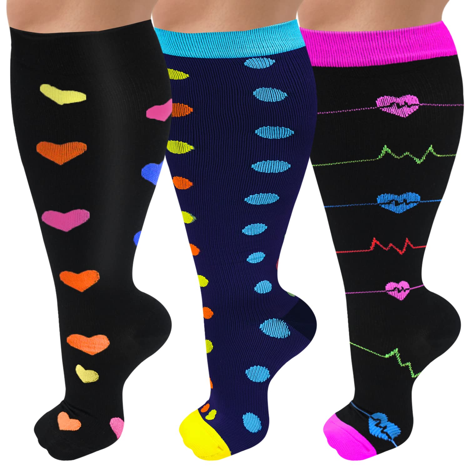3 Pack Plus Size Compression Socks for Women & Men - Extra Wide Calf Knee High Support Stockings for Circulation & Swelling Relief - Ideal for Travel, Nursing & Varicose Vein Therapy